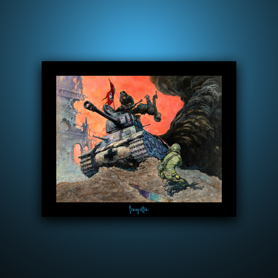 Gallery Series print of &quot;Blazing Combat IV&quot; by Frank Frazetta, unframed, featuring dynamic action and dramatic lighting.