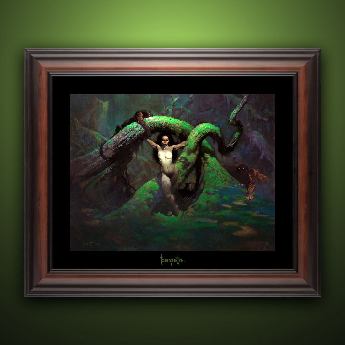 Framed Gallery Series print of &quot;Cat Girl Revised&quot; by Frank Frazetta, showcasing bold design with black 1.5&quot; matting.