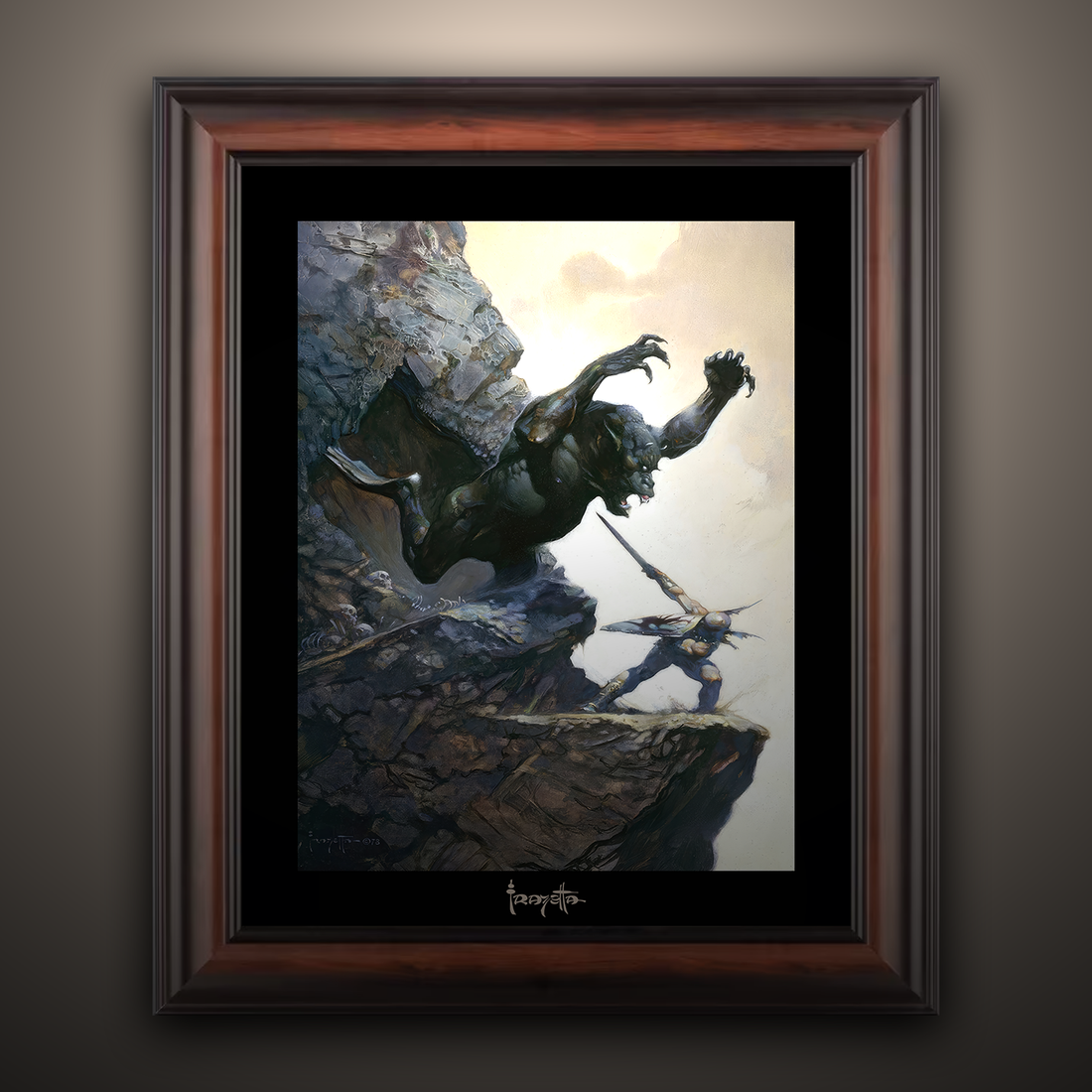 Framed Gallery Series print of &quot;Cave Demon&quot; by Frank Frazetta, highlighting intricate features with black 1.5&quot; matting.