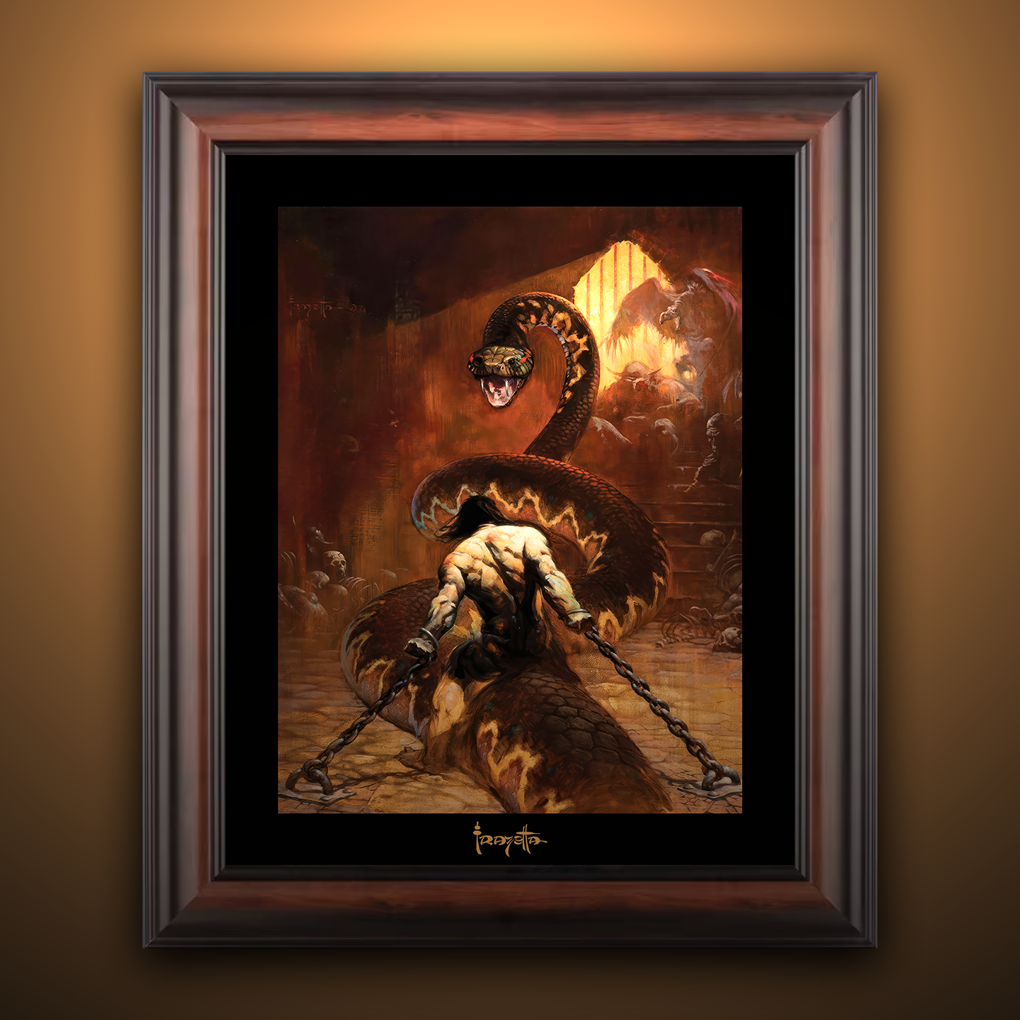 Framed Gallery Series print of &quot;Chained&quot; by Frank Frazetta, showcasing bold details with black 1.5&quot; matting.