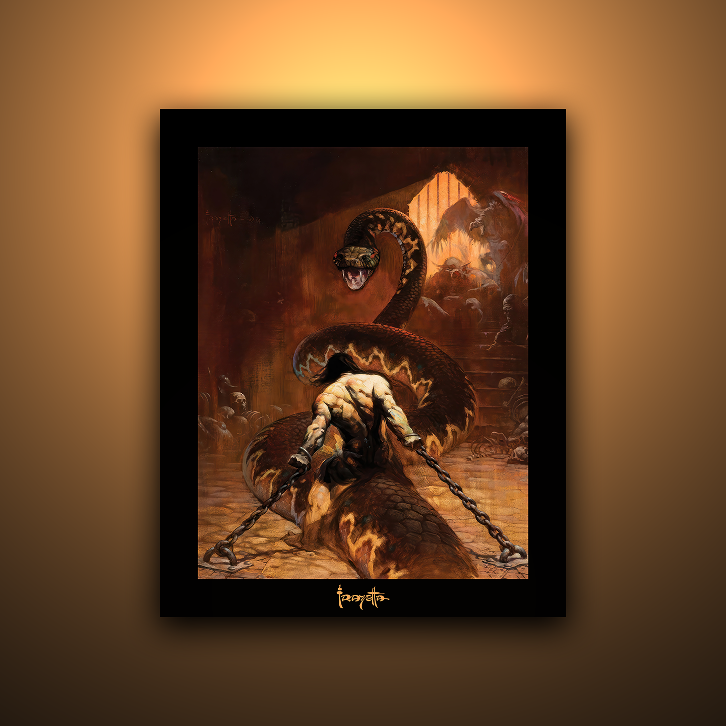 Gallery Series print of &quot;Chained&quot; by Frank Frazetta, unframed, focusing on intense expressions and dramatic imagery.