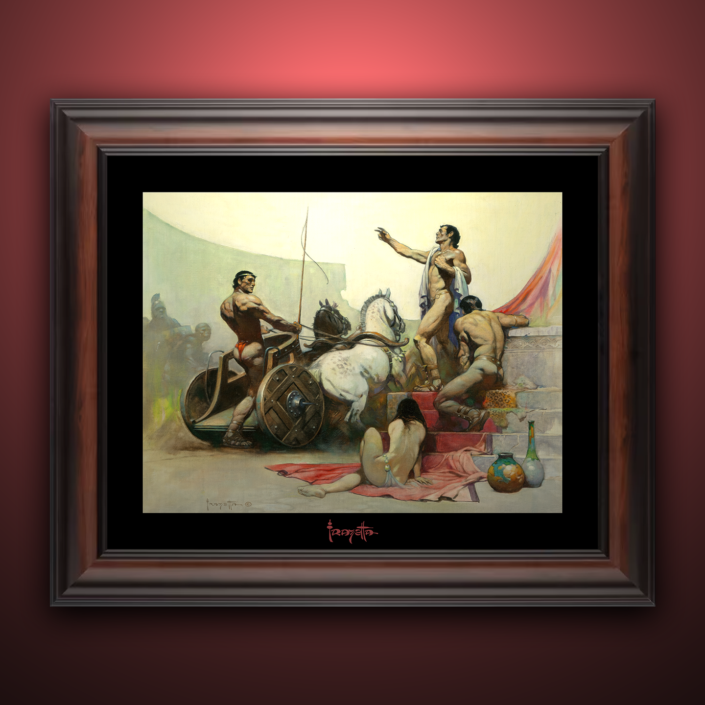 Framed Gallery Series print of &quot;Child of the Sun&quot; by Frank Frazetta, emphasizing the vivid colors with black 1.5&quot; matting.