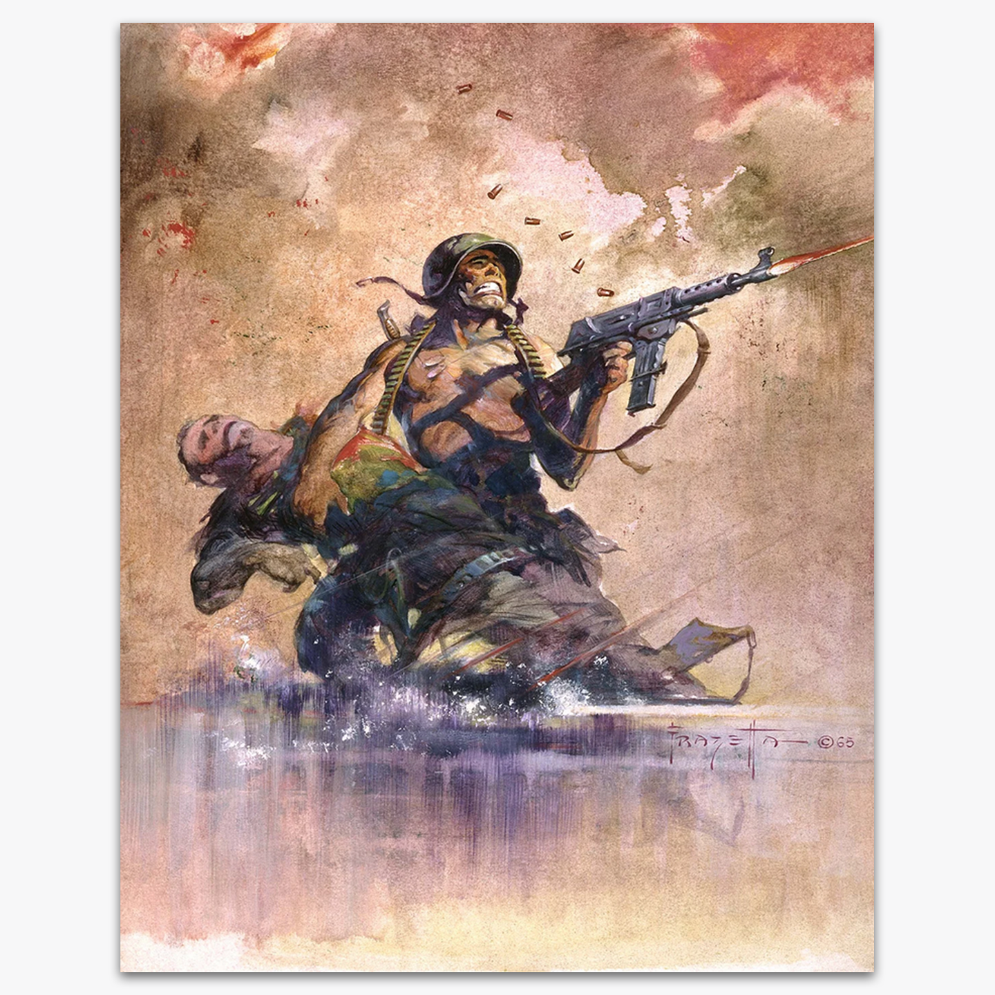 Vintage print of Combat by Frank Frazetta, portraying a lone warrior gripping a rifle as he trudges through a battlefield, his tattered uniform and determined gaze reflecting the chaos and resilience of war.