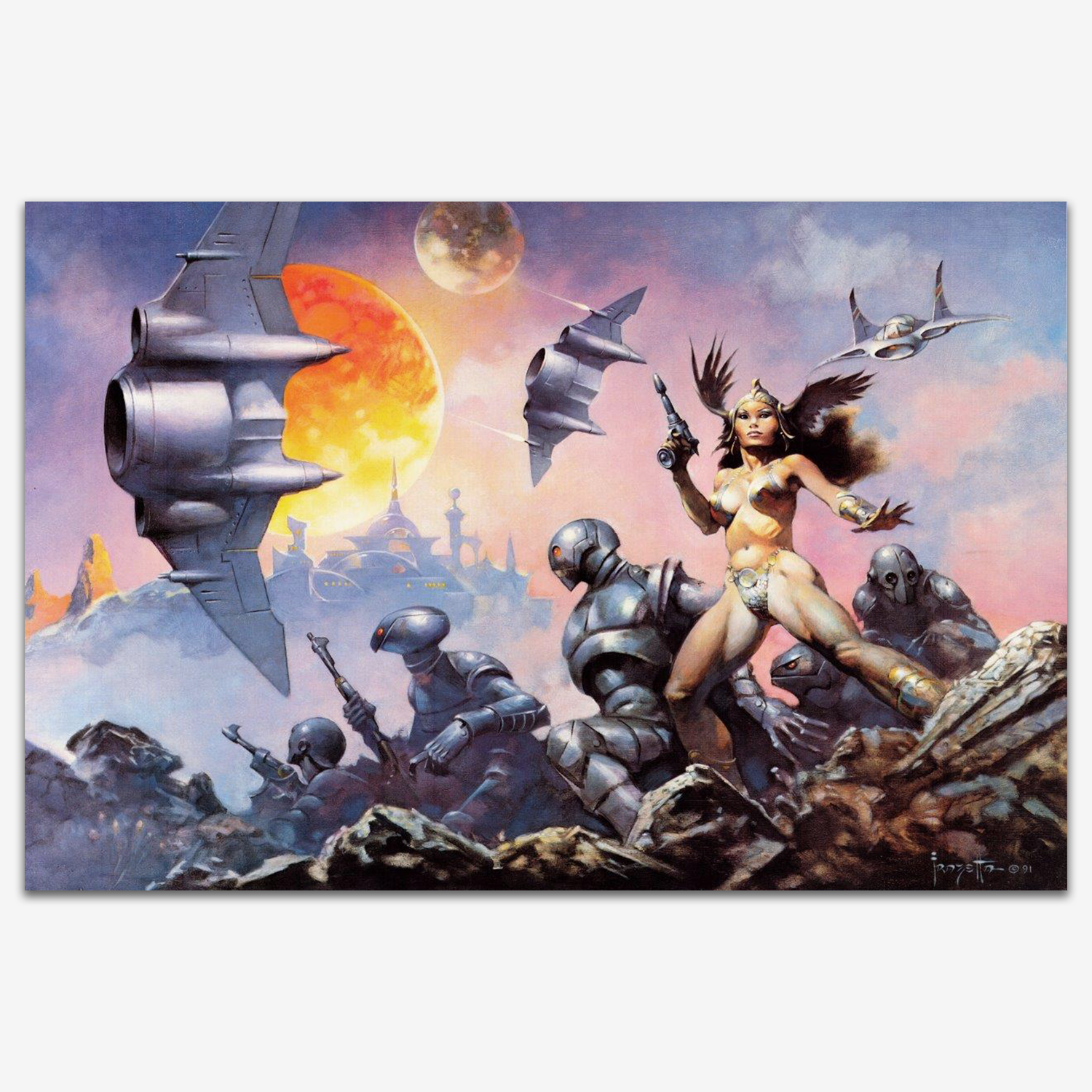 Vintage print of Dawn Attack by Frank Frazetta, illustrating a dramatic sci-fi battle scene with warriors clashing in a futuristic landscape under a vibrant, otherworldly sky.