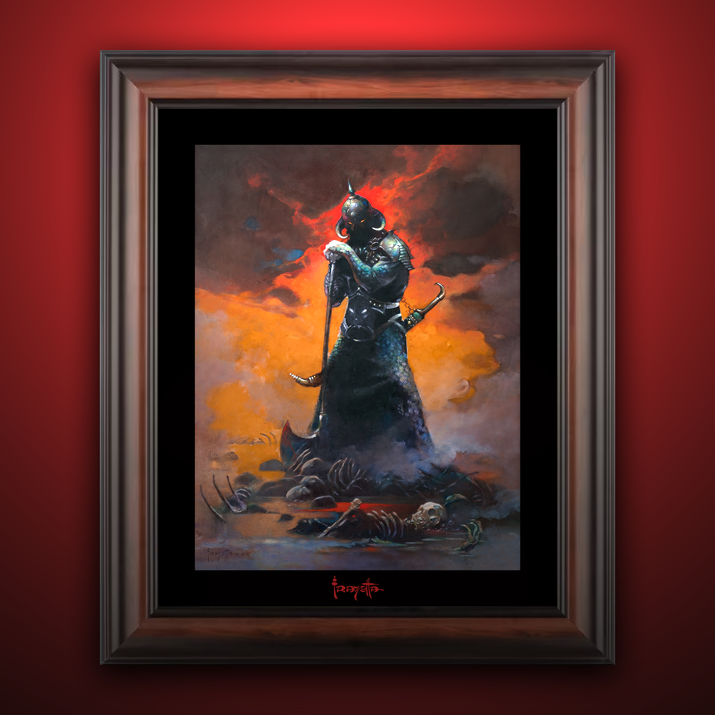 Framed Gallery Series print of &quot;Death Dealer III Revised&quot; by Frank Frazetta, highlighting intense visuals with black 1.5&quot; matting.