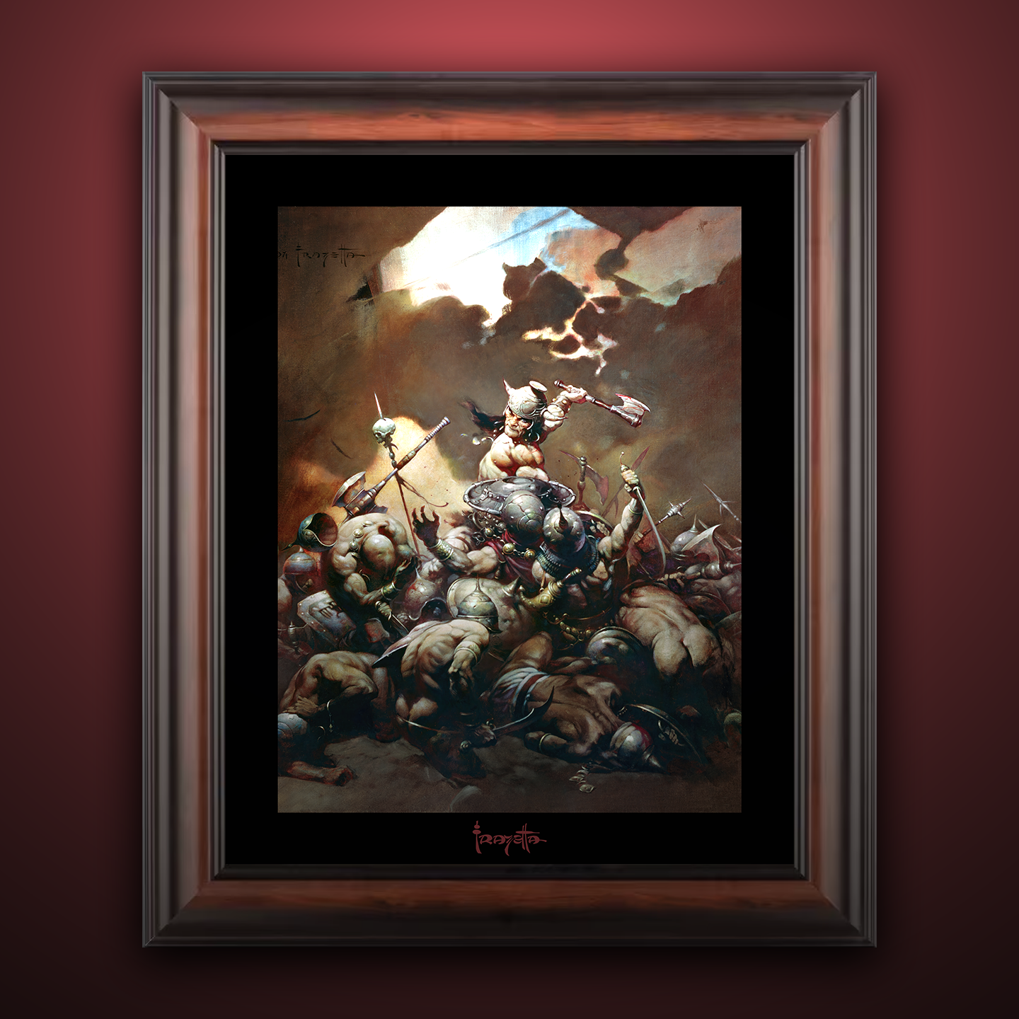 Framed Gallery Series print of &quot;Destroyer&quot; by Frank Frazetta, emphasizing dynamic details with black 1.5&quot; matting.