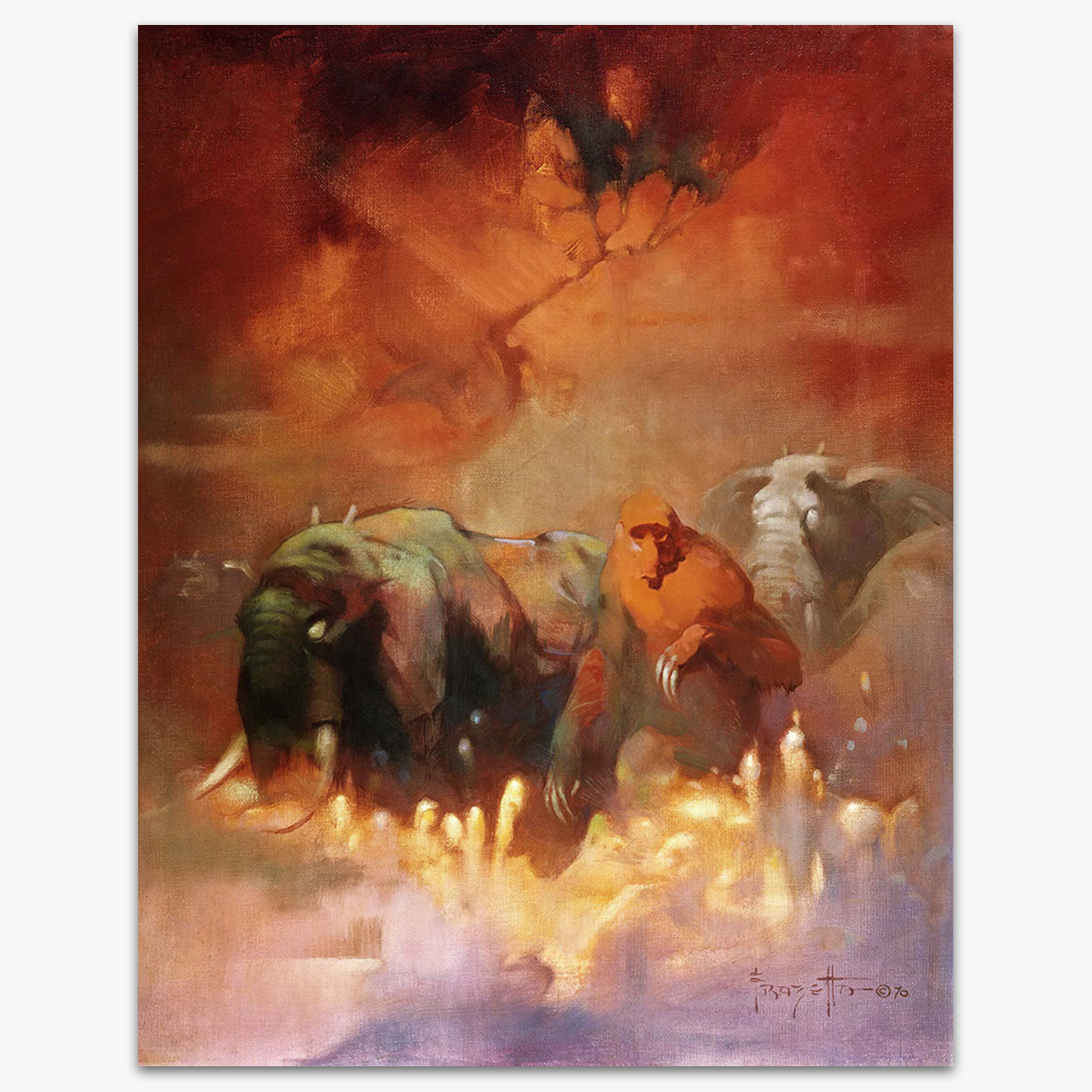 Vintage print of Downward to the Earth by Frank Frazetta, illustrating animals standing together in an abstract scene.