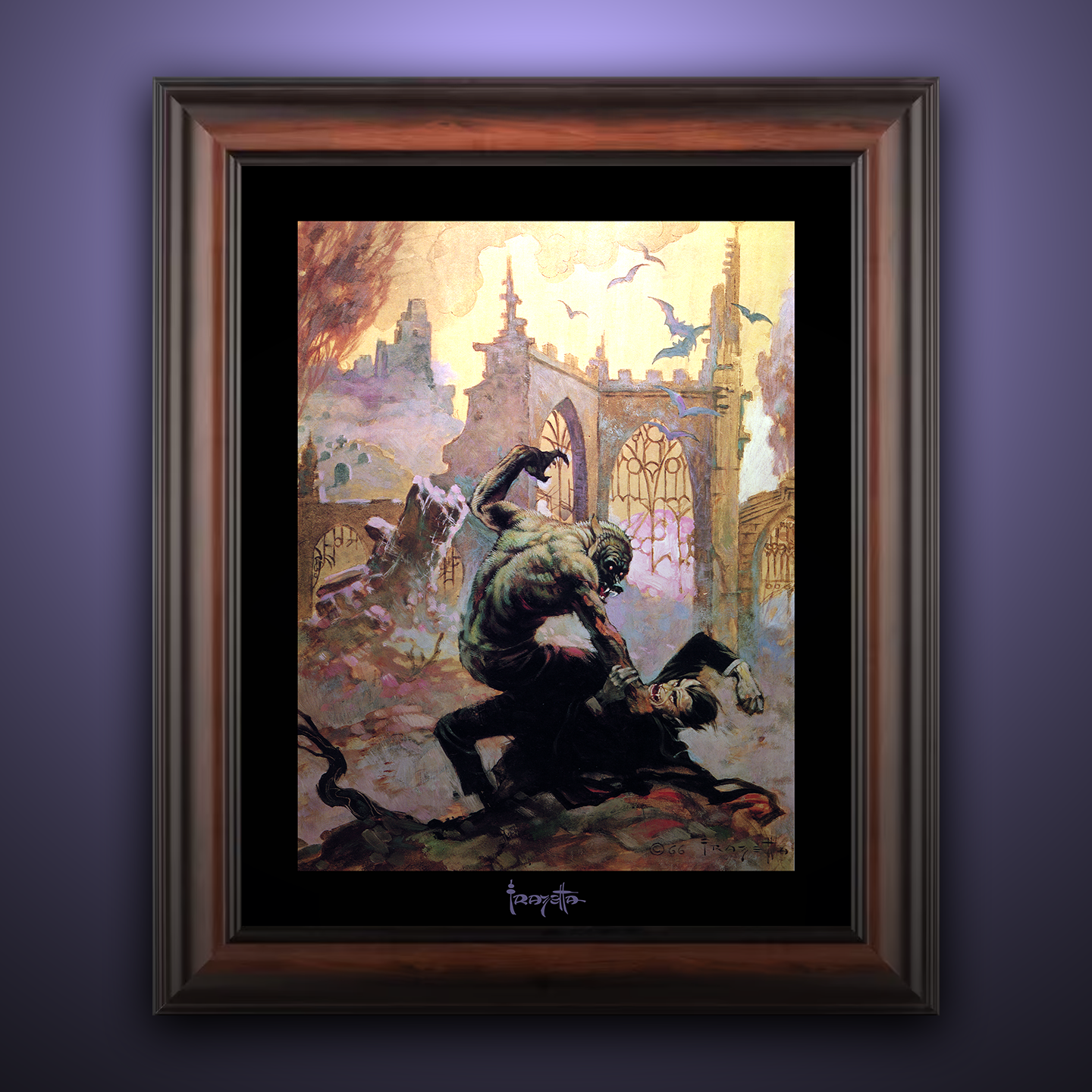 Framed Gallery Series print of &quot;Dracula Meets the Wolfman&quot; by Frank Frazetta, emphasizing bold details with black 1.5&quot; matting.