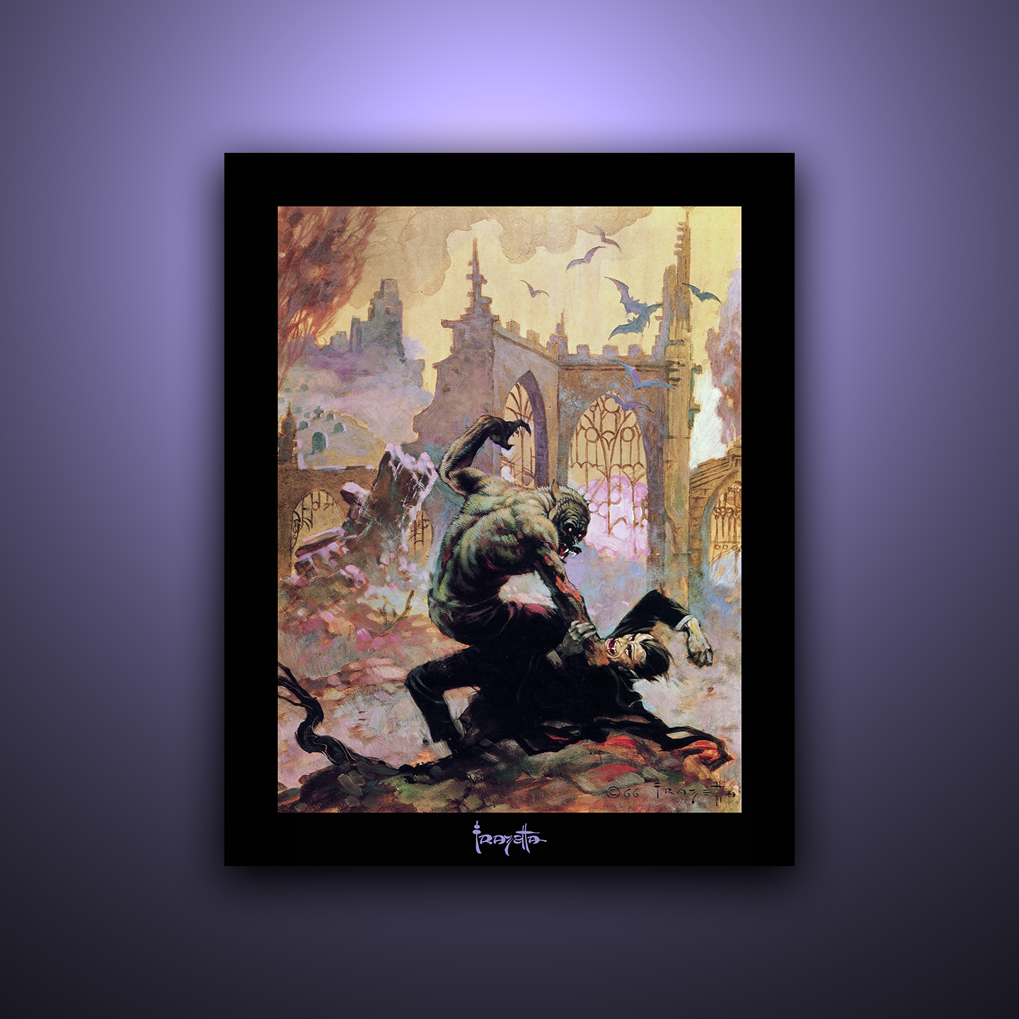 Gallery Series print of &quot;Dracula Meets the Wolfman&quot; by Frank Frazetta, unframed, highlighting classic monster imagery.