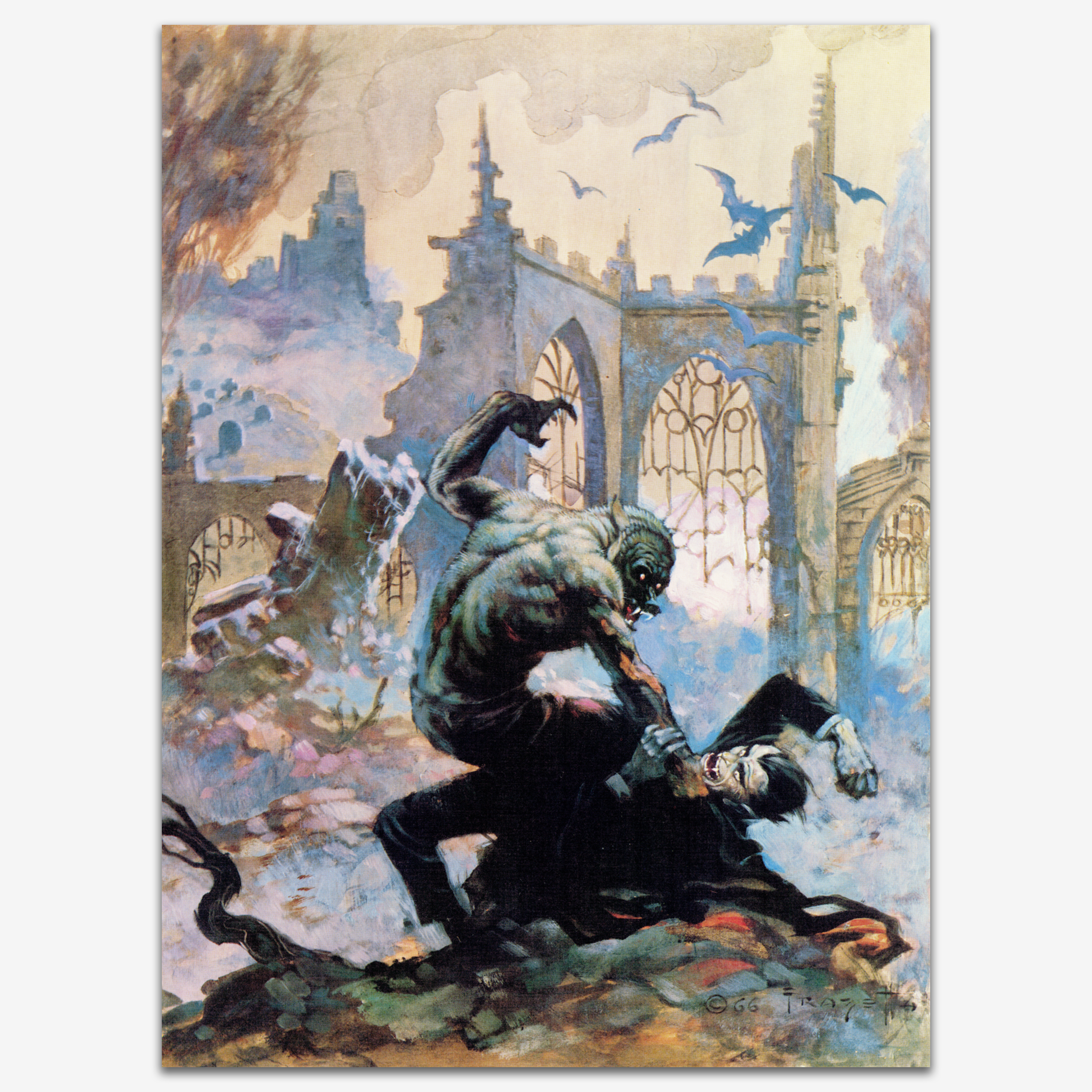 Vintage print of &quot;Dracula Meets the Wolfman&quot; by Frank Frazetta, depicting a dramatic battle between Dracula and the Wolfman in front of a gothic castle under a stormy sky, printed on high-quality linen paper.