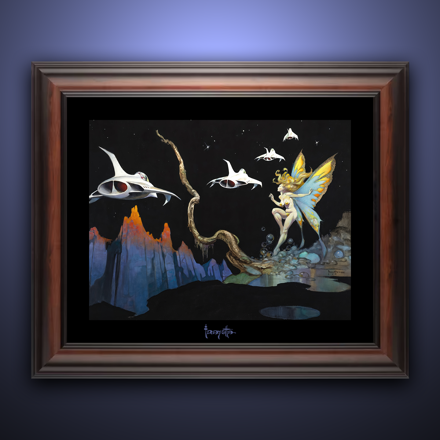 Framed Gallery Series print of &quot;Dream Flight&quot; by Frank Frazetta, highlighting vivid colors with black 1.5&quot; matting.