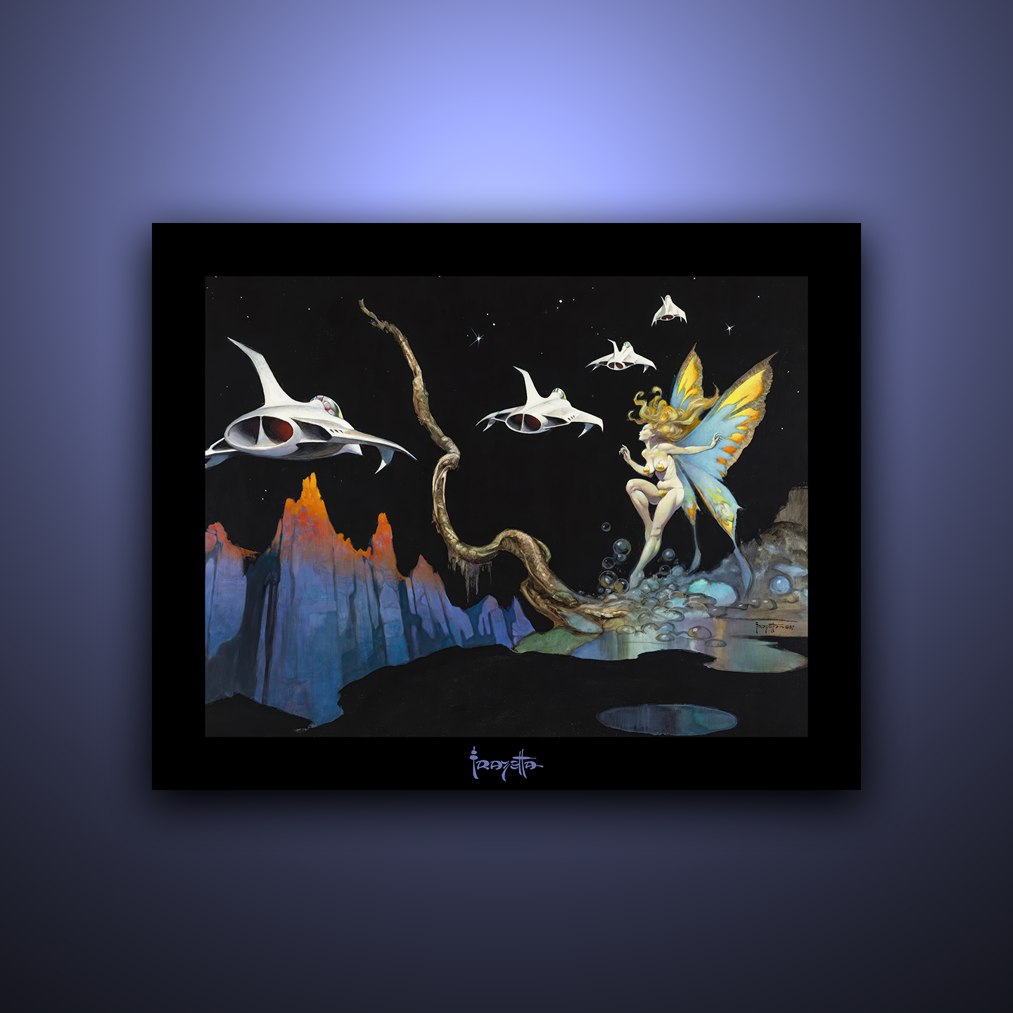 Gallery Series print of &quot;Dream Flight&quot; by Frank Frazetta, unframed, showcasing dynamic visuals and vivid movement.