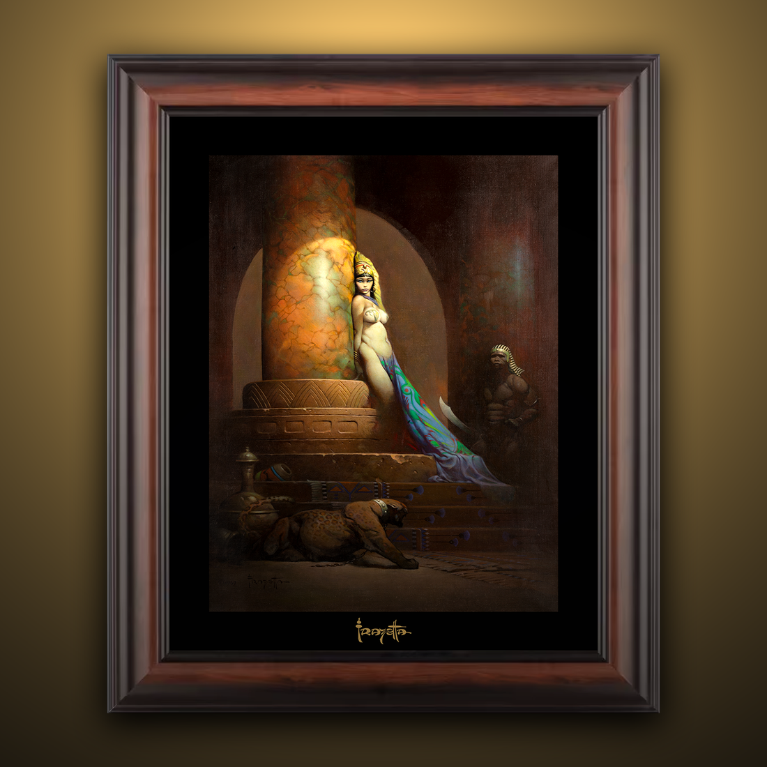 Framed Gallery Series print of &quot;Egyptian Queen&quot; by Frank Frazetta, emphasizing dynamic details with black 1.5&quot; matting.