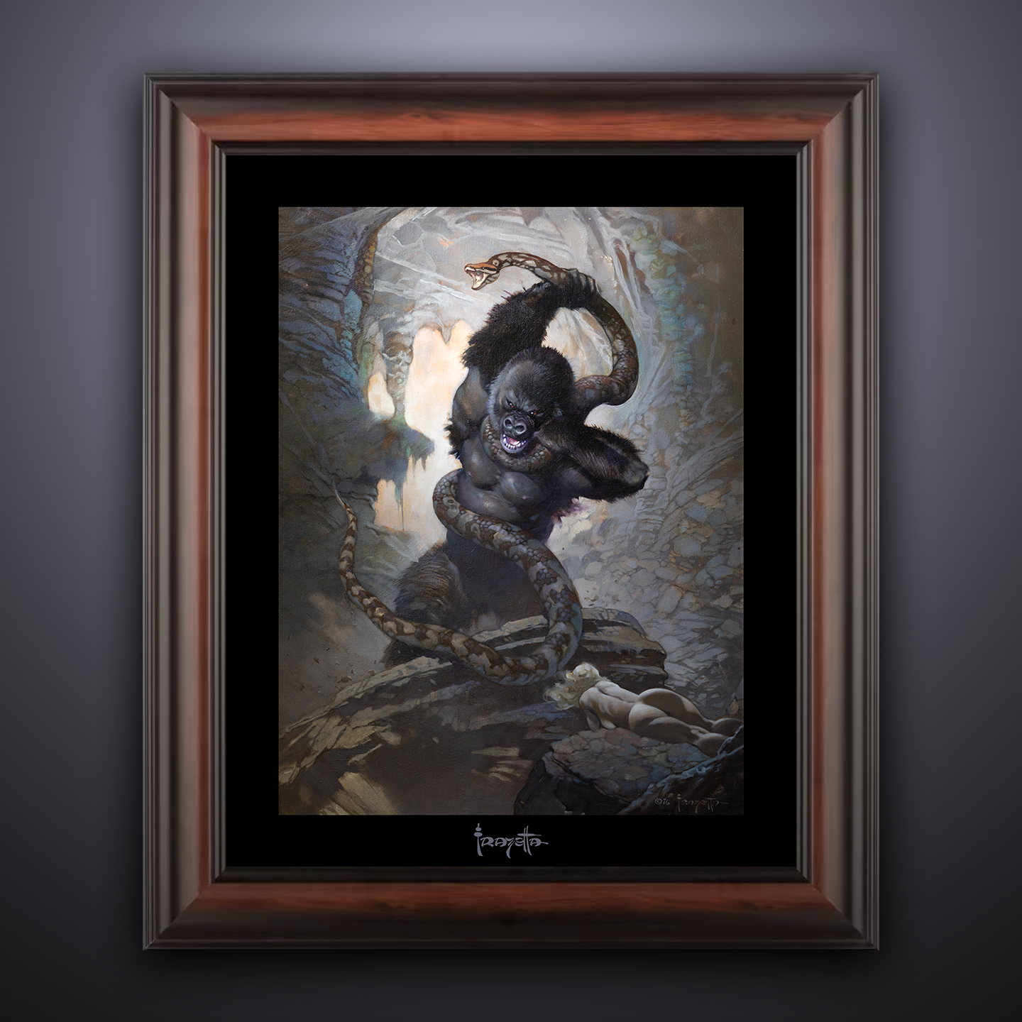 Framed Gallery Series print of &quot;Eighth Wonder&quot; by Frank Frazetta, emphasizing intricate details with black 1.5&quot; matting.