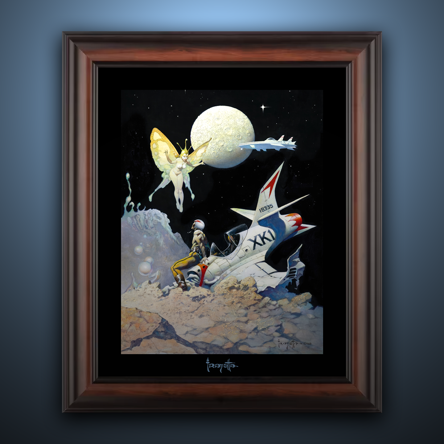 Framed Gallery Series print of &quot;Encounter&quot; by Frank Frazetta, highlighting dramatic visuals with black 1.5&quot; matting.