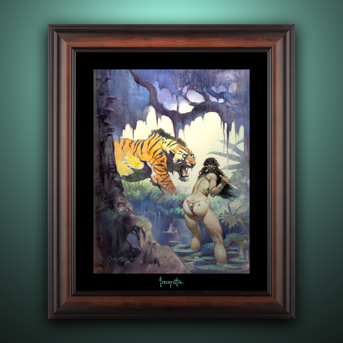 Framed Gallery Series print of &quot;Escape on Venus&quot; by Frank Frazetta, highlighting dramatic contrast with black 1.5&quot; matting.