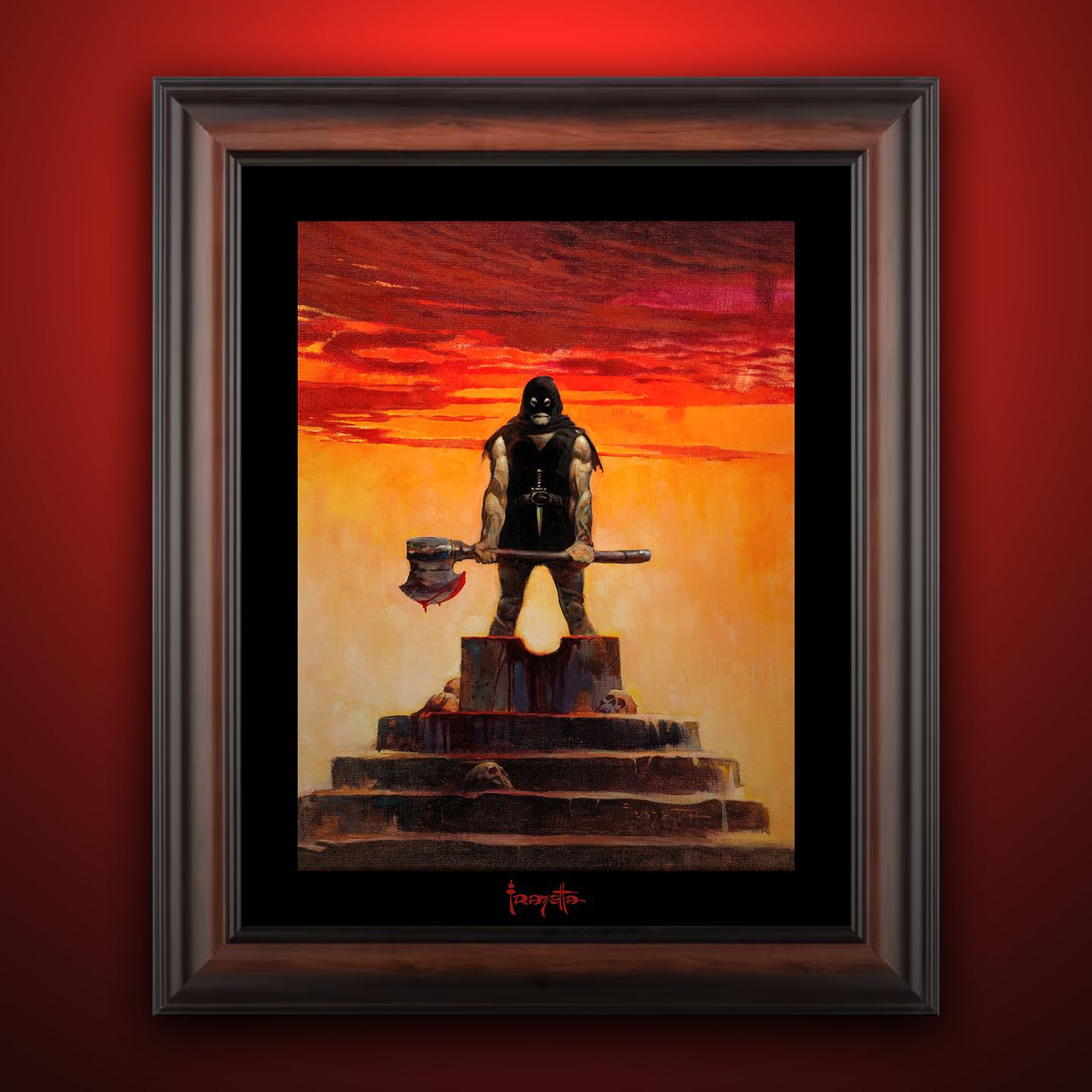 Framed Gallery Series print of &quot;Executioner&quot; by Frank Frazetta, emphasizing bold lines with black 1.5&quot; matting.