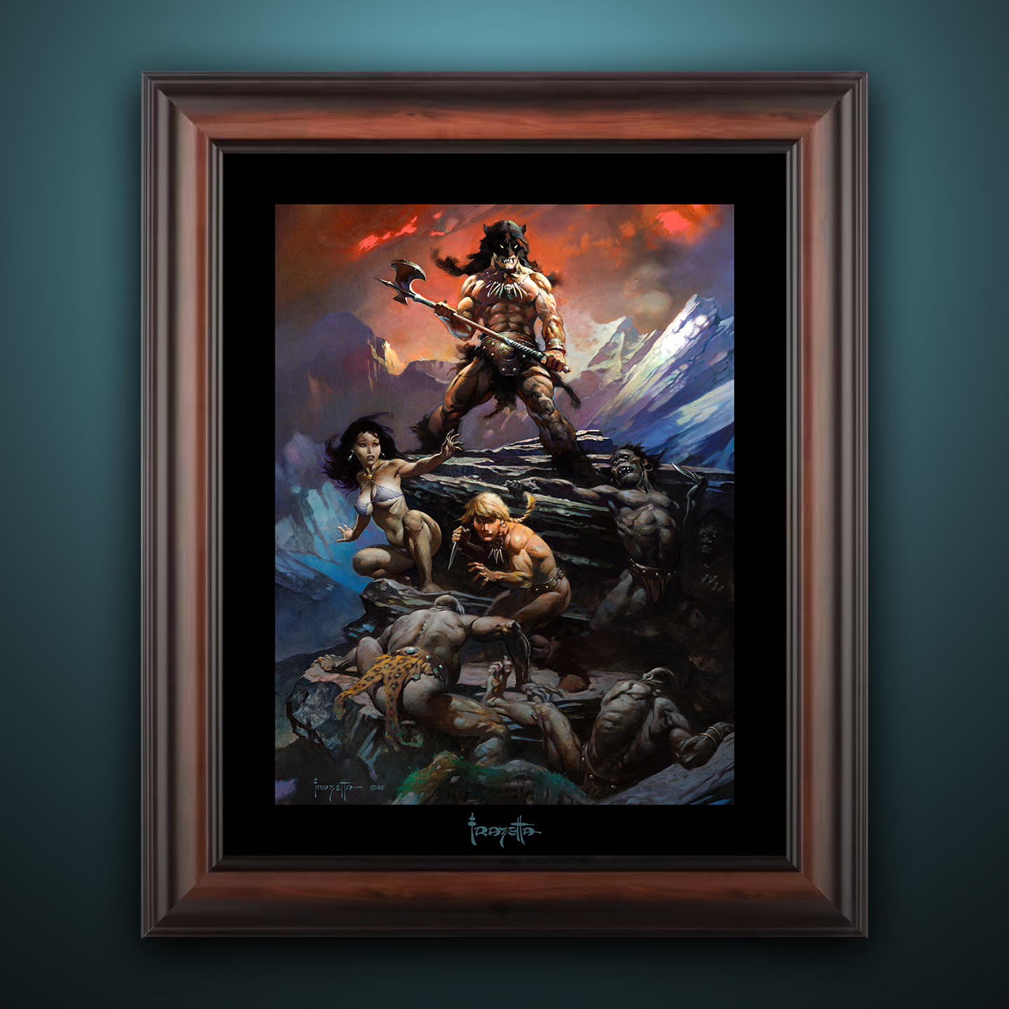 Framed Gallery Series print of &quot;Fire and Ice&quot; by Frank Frazetta, emphasizing dynamic lighting with black 1.5&quot; matting.