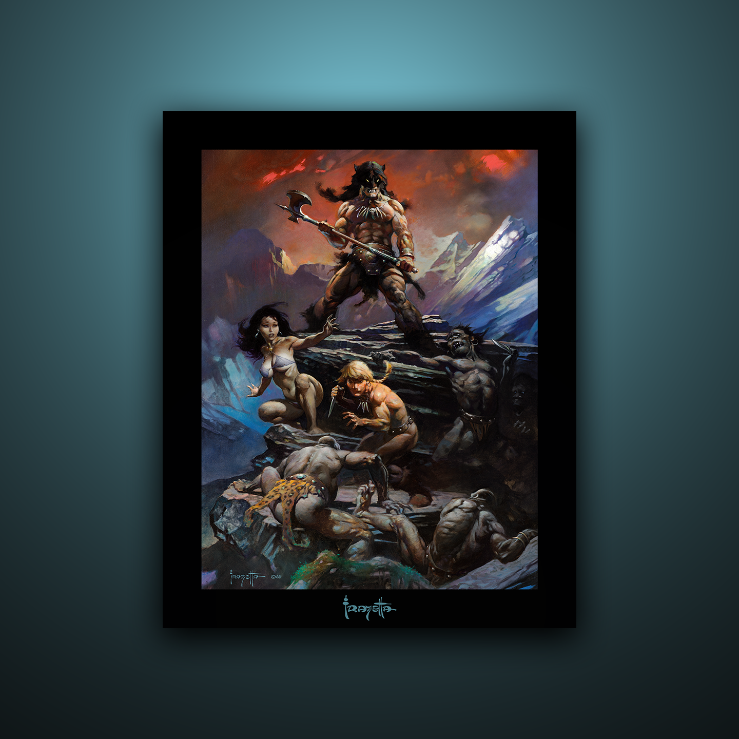 Gallery Series print of &quot;Fire and Ice&quot; by Frank Frazetta, unframed, showcasing fiery contrasts and detailed fantasy imagery.