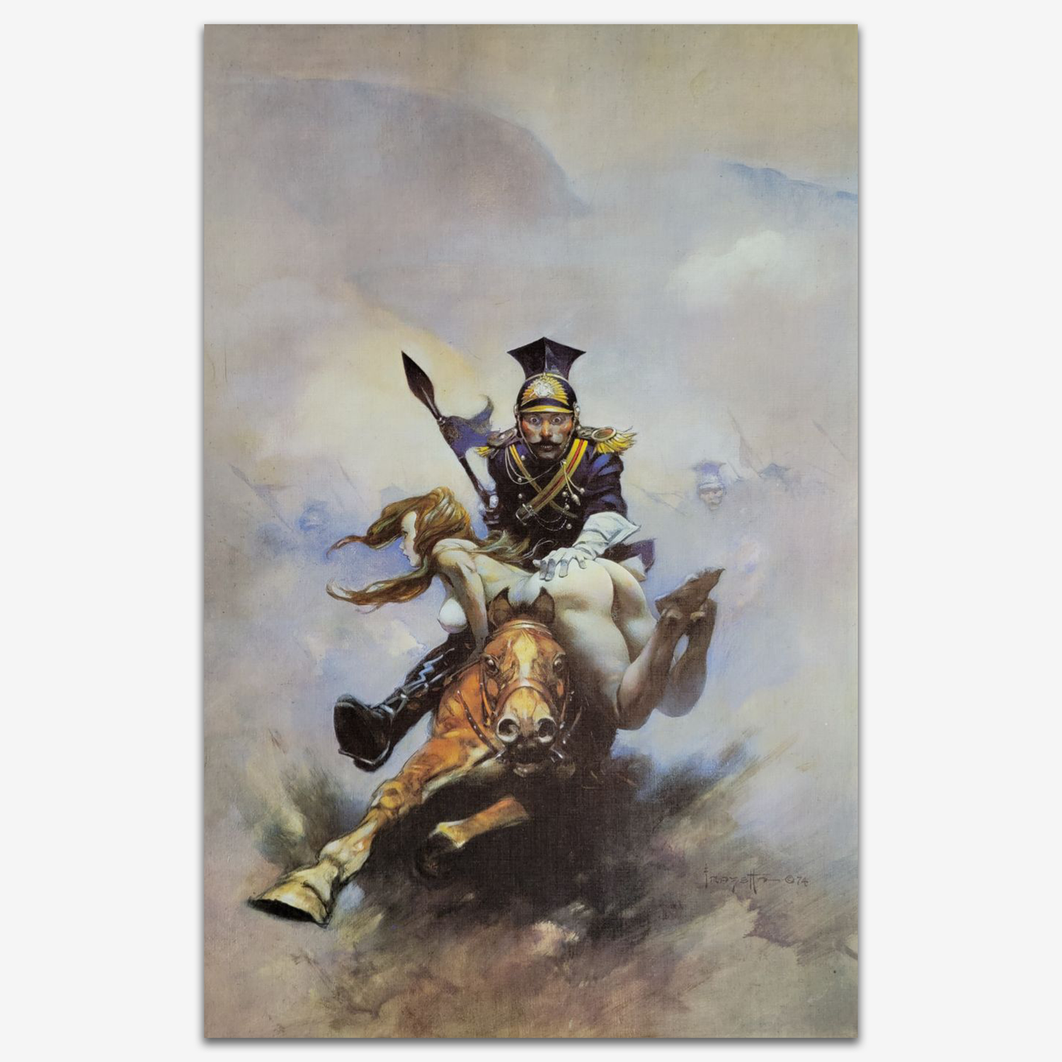 Vintage print of &quot;Flashman on the Charge&quot; by Frank Frazetta, depicting a dramatic cavalry charge through a misty battlefield, printed on high-quality linen paper.