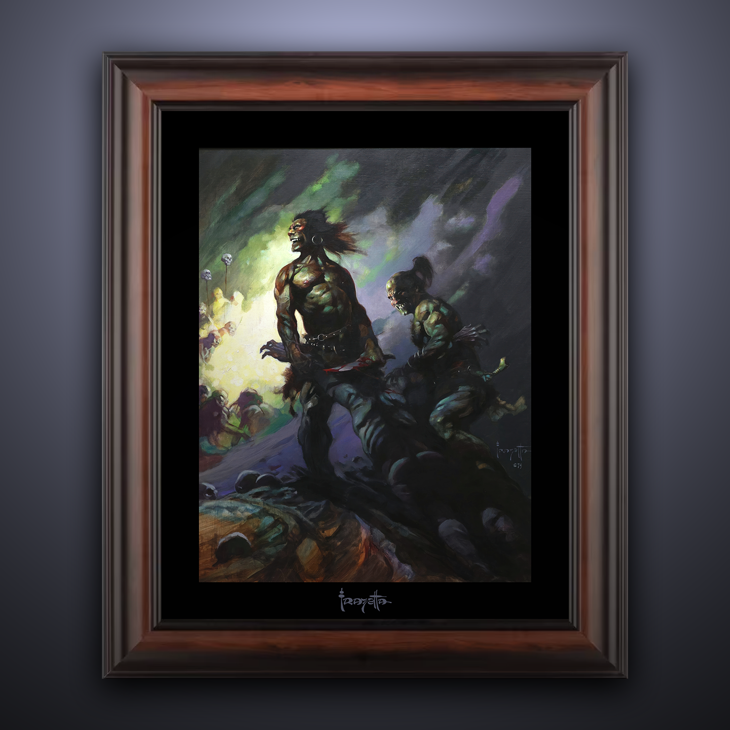 Framed Gallery Series print of &quot;Flesh Eaters&quot; by Frank Frazetta, emphasizing striking visuals with black 1.5&quot; matting.