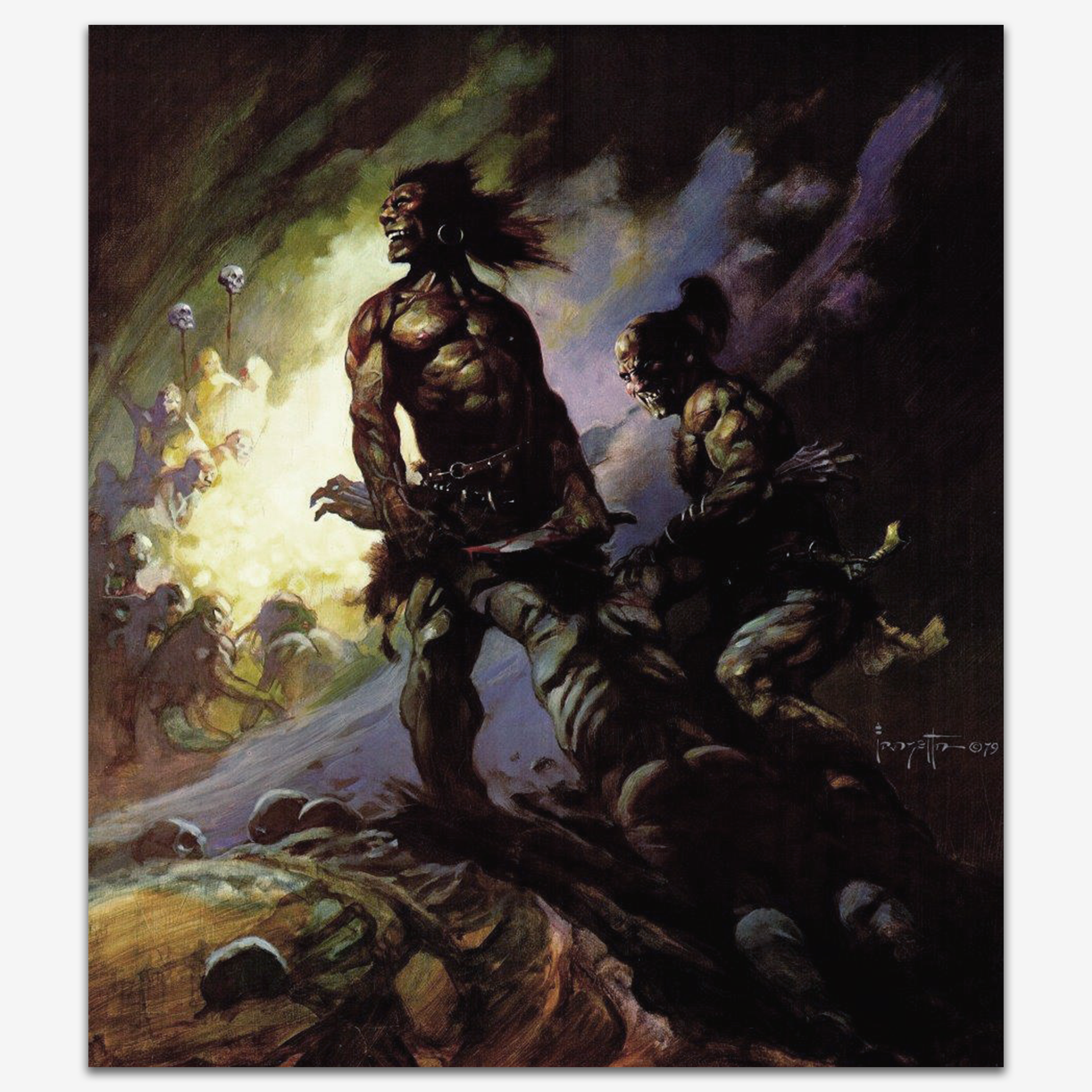 Vintage print of Flesh Eaters by Frank Frazetta, showing monstrous creatures emerging from the dark with fierce intensity.