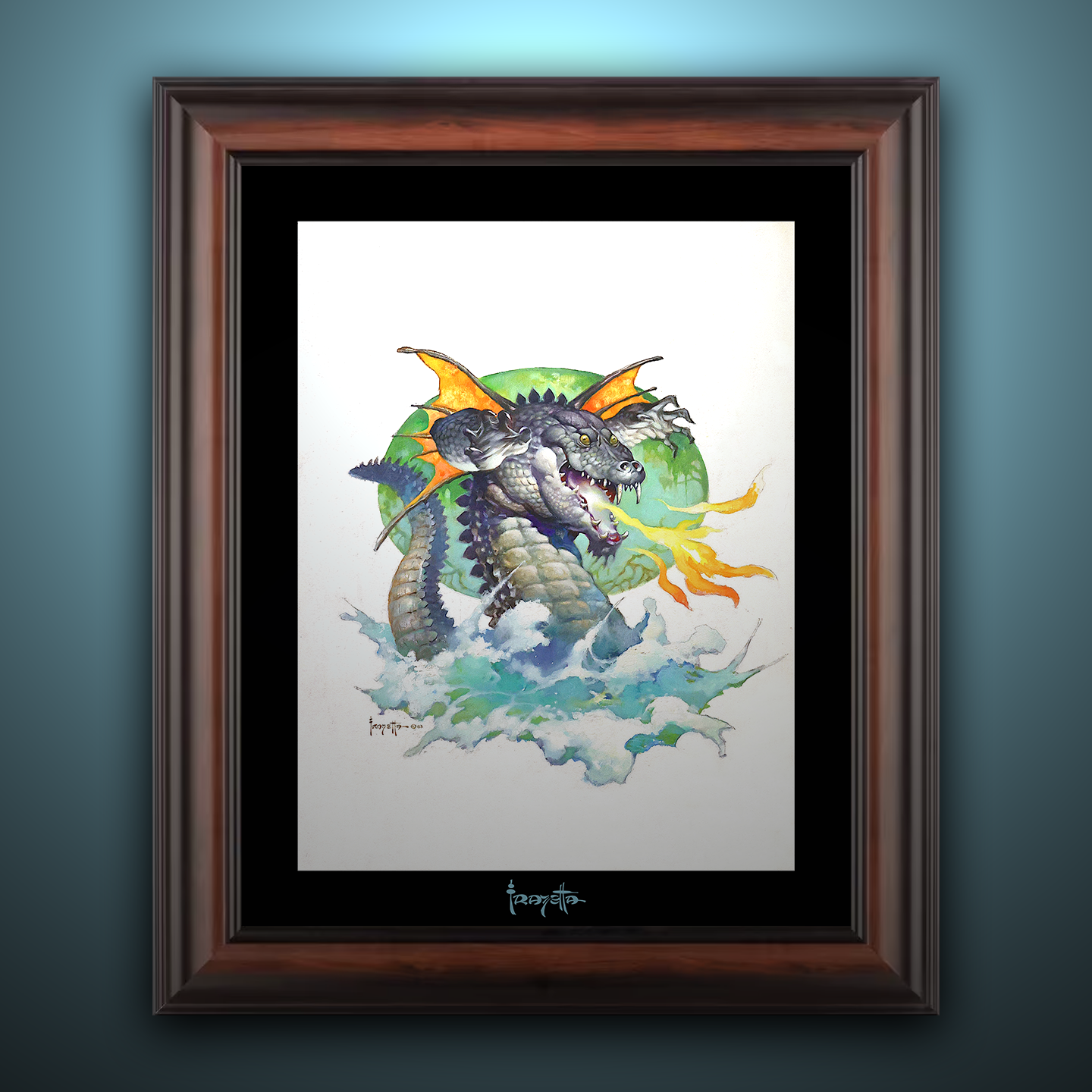 Framed Gallery Series print of &quot;Flying Alligator&quot; by Frank Frazetta, highlighting dynamic composition with black 1.5&quot; matting.