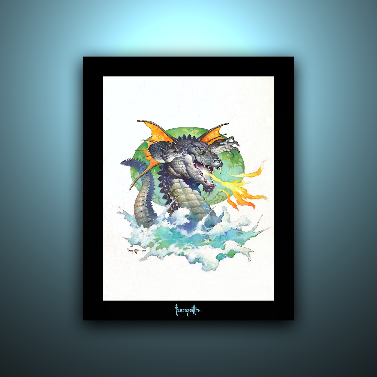 Gallery Series print of &quot;Flying Alligator&quot; by Frank Frazetta, unframed, showcasing vivid detail and bold action.