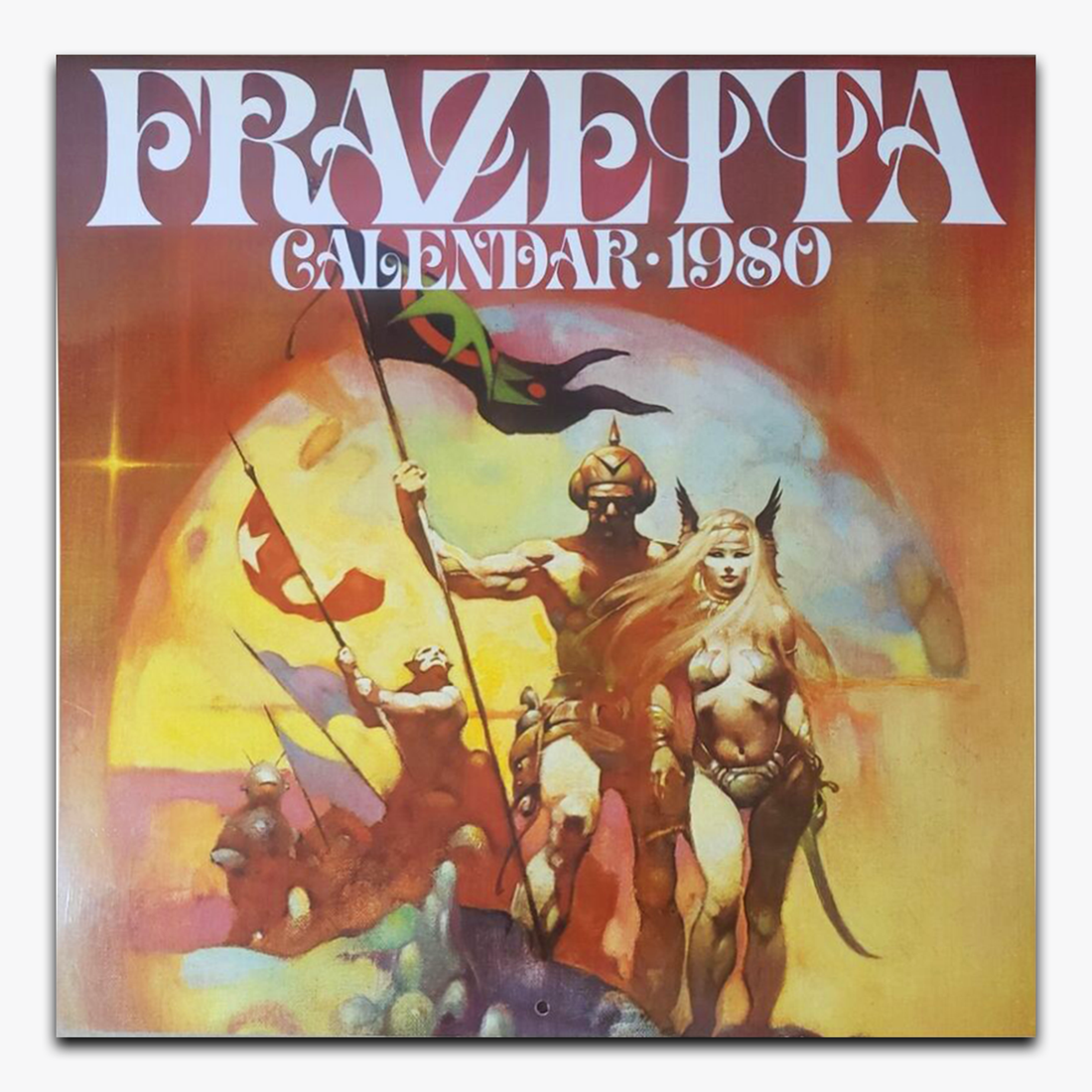 1980 Frazetta Paintings Calendar featuring classic fantasy artwork by Frank Frazetta, with a striking cover illustration of a warrior on horseback