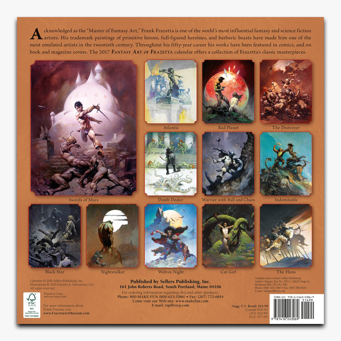 Back cover of The Fantasy Art of Frazetta 2017 Calendar, displaying a preview of twelve iconic fantasy artworks featured throughout the year