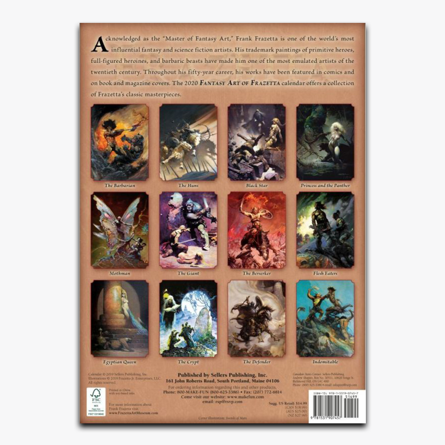 Back cover of The Fantasy Art of Frazetta 2020 Wall Calendar, displaying a preview of twelve dynamic fantasy illustrations featured throughout the year