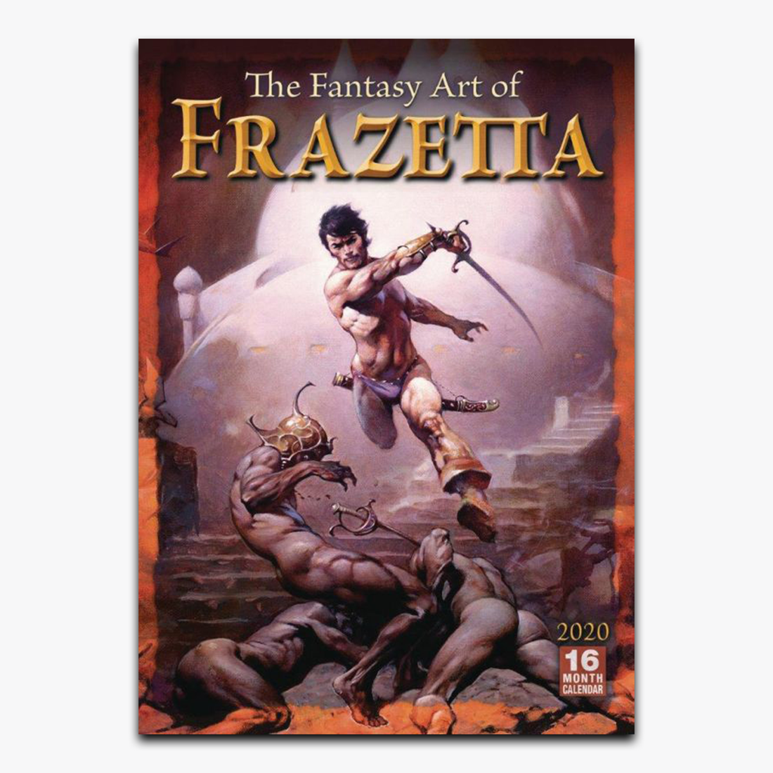 The Fantasy Art of Frazetta 2020 Wall Calendar featuring iconic fantasy artwork of a warrior in battle, showcasing Frank Frazetta’s legendary style