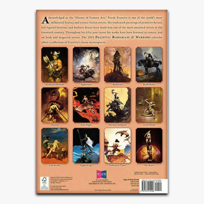 Back cover of The Fantasy Art of Frazetta 2022 Wall Calendar, displaying a preview of twelve powerful fantasy illustrations featured throughout the year