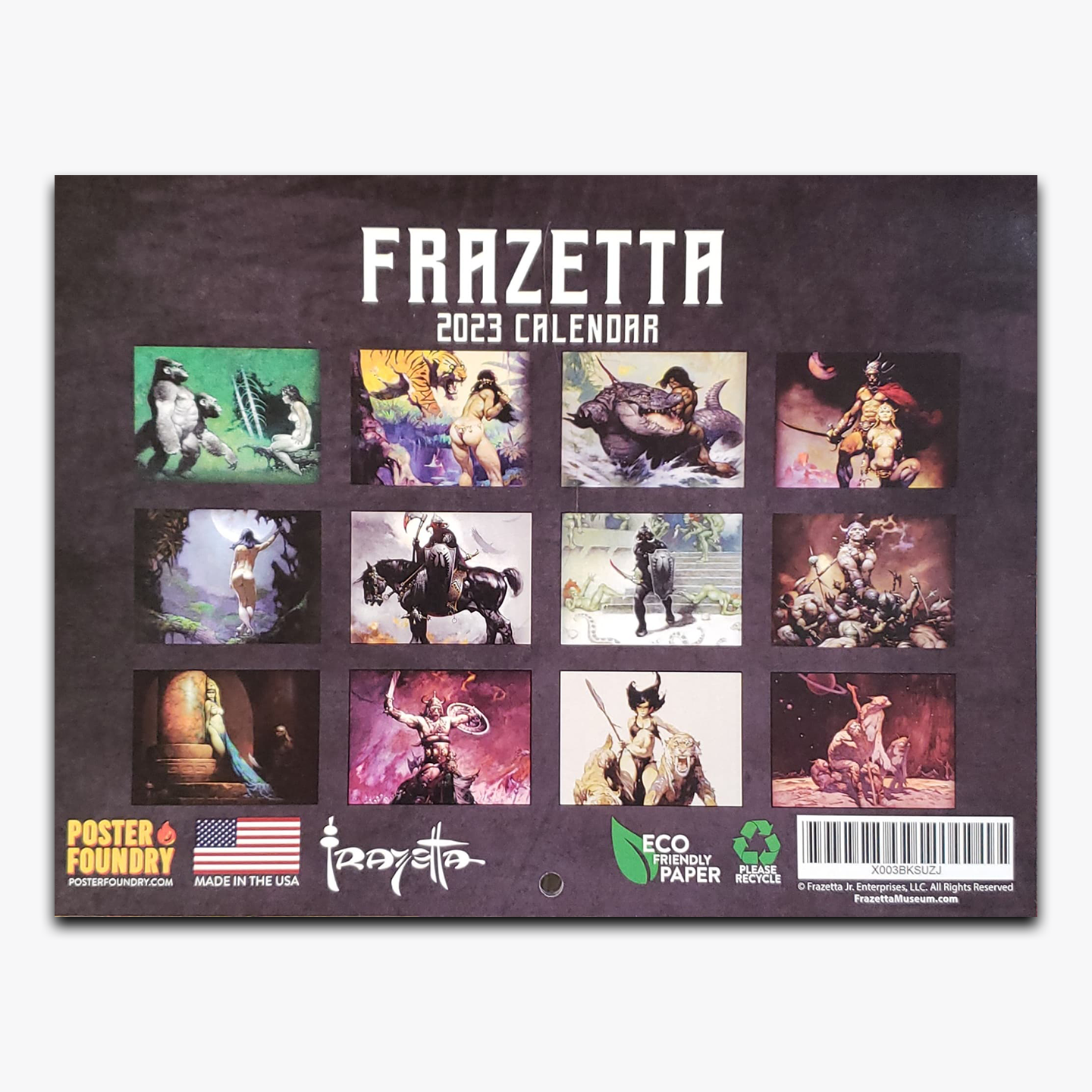 Back cover of the 2023 Frank Frazetta calendar, displaying previews of the featured fantasy artwork for each month