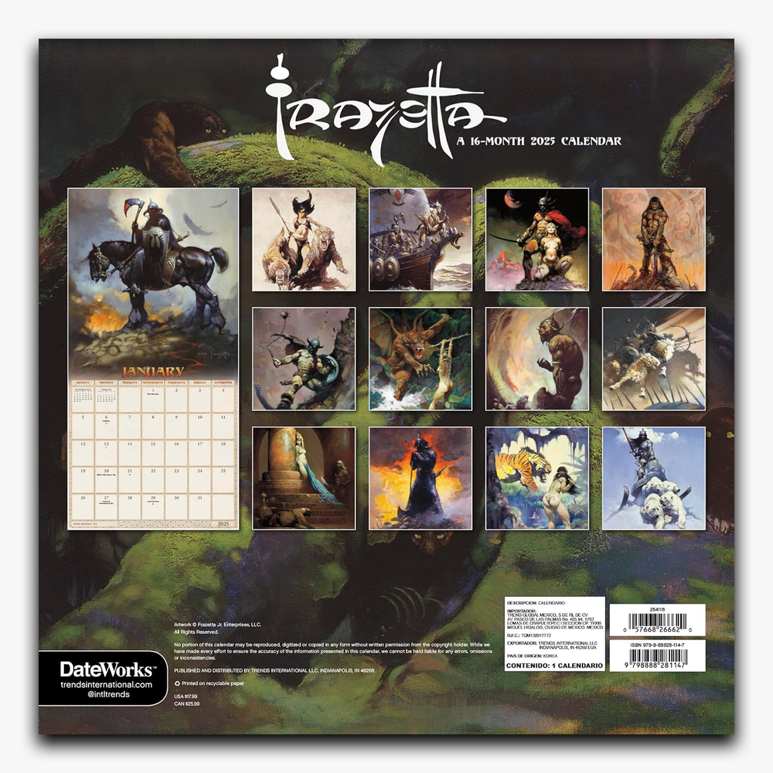 Back cover of the 2025 Frank Frazetta calendar, displaying a preview of the twelve featured fantasy illustrations for each month