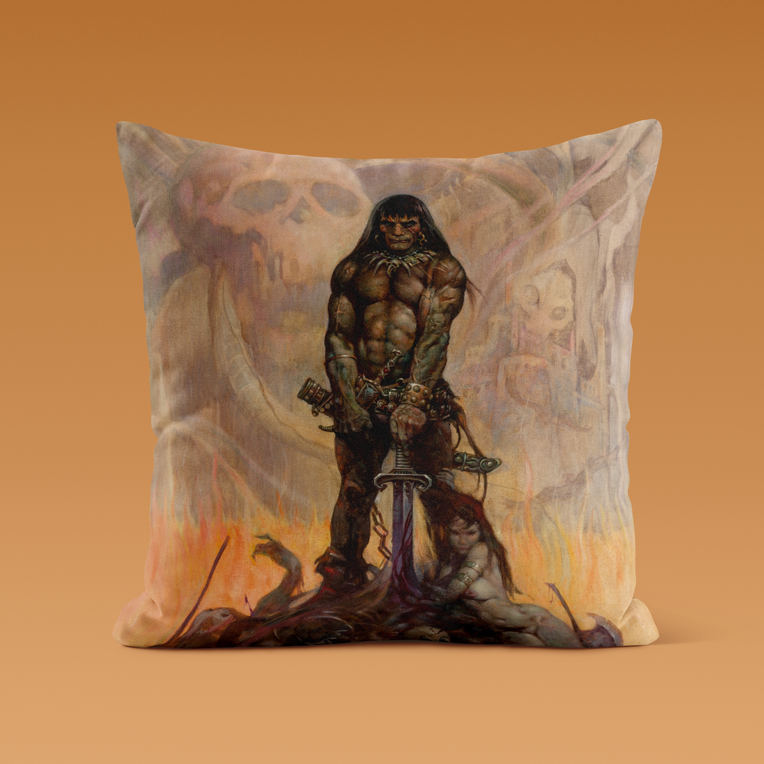 Barbarian throw pillow with Frank Frazetta’s iconic sword and sorcery warrior, designed with a bold, high-quality print