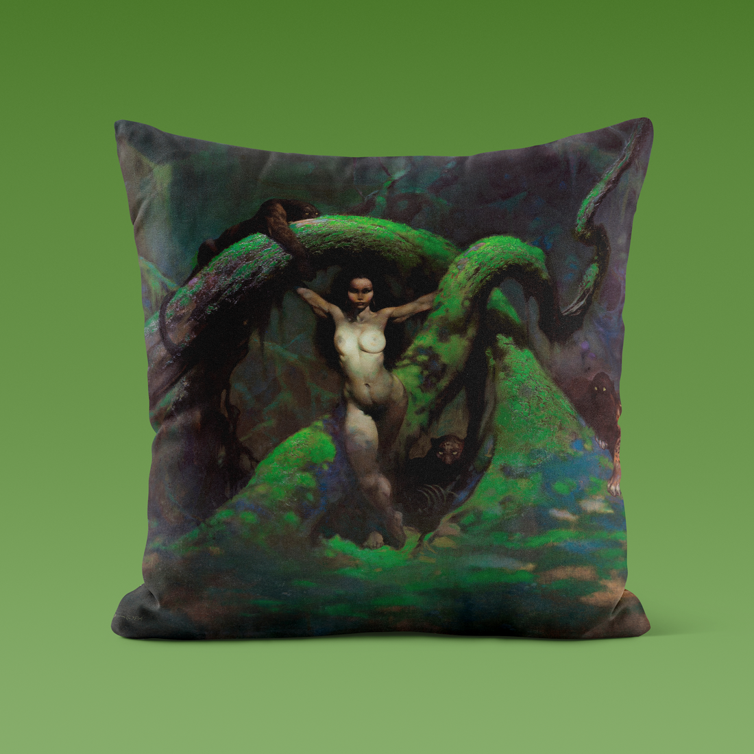 Cat Girl Revised throw pillow featuring Frank Frazetta’s feline warrior, designed with high-quality print and durability