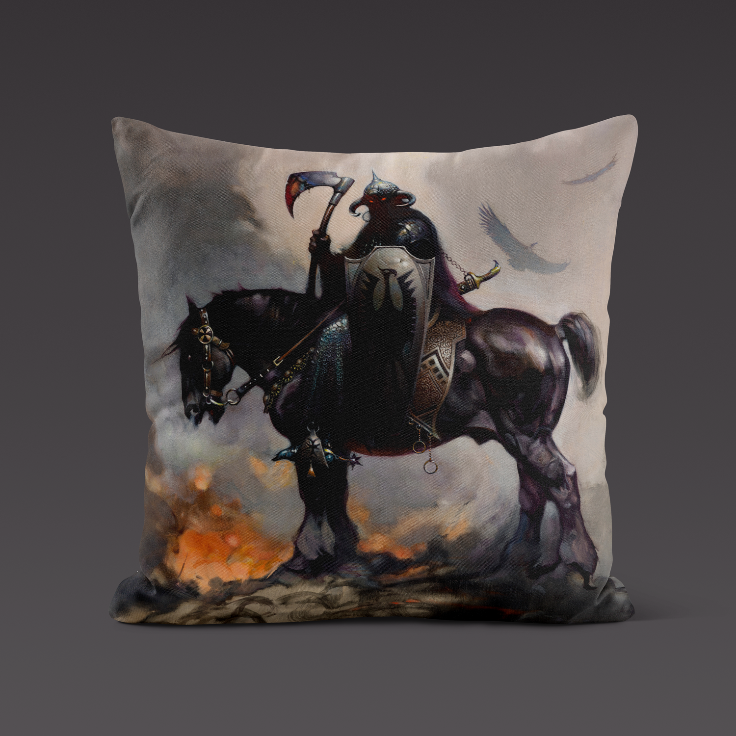 Death Dealer I throw pillow featuring Frank Frazetta’s iconic dark fantasy warrior, printed on a soft, double-sided polyester pillow with vibrant colors and bold details