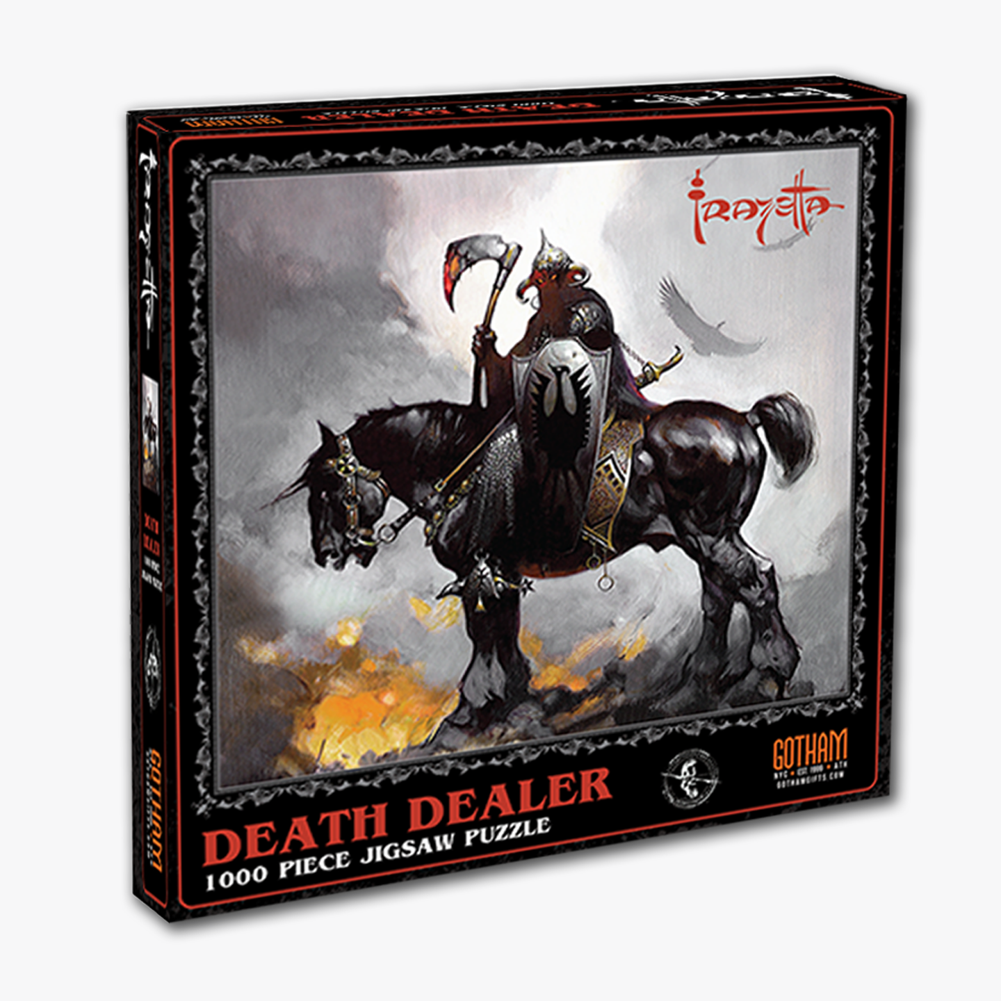 Death Dealer 1,000-piece puzzle featuring Frank Frazetta’s legendary dark fantasy warrior, packaged in a high-quality box with bold artwork