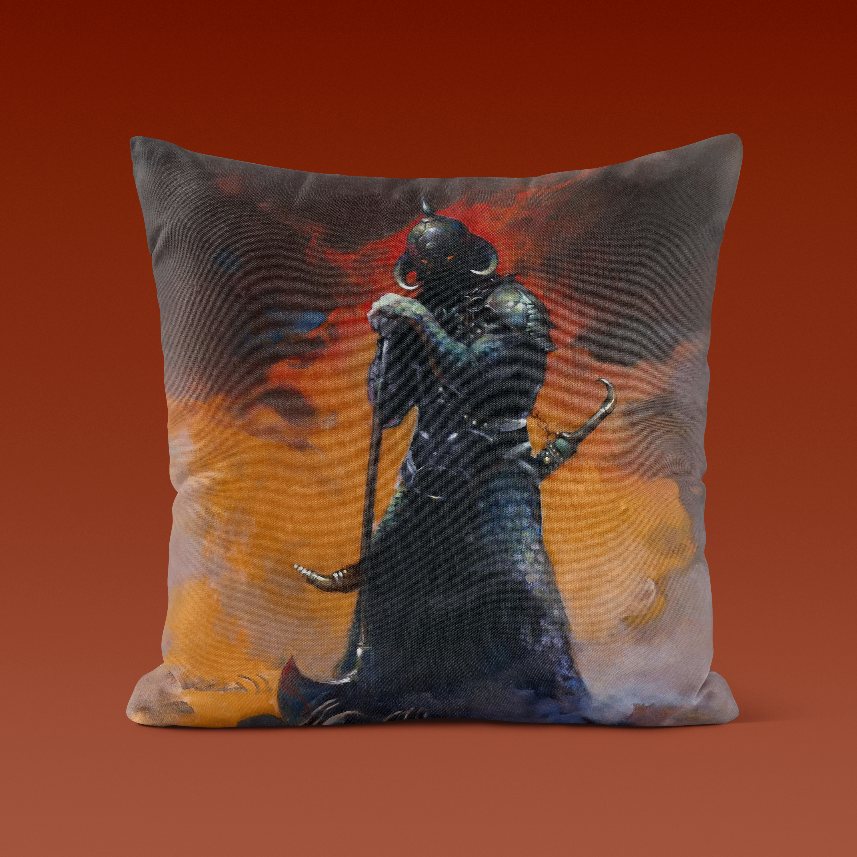 Death Dealer III throw pillow showcasing Frazetta’s legendary warrior, printed in high detail on soft, fade-resistant fabric