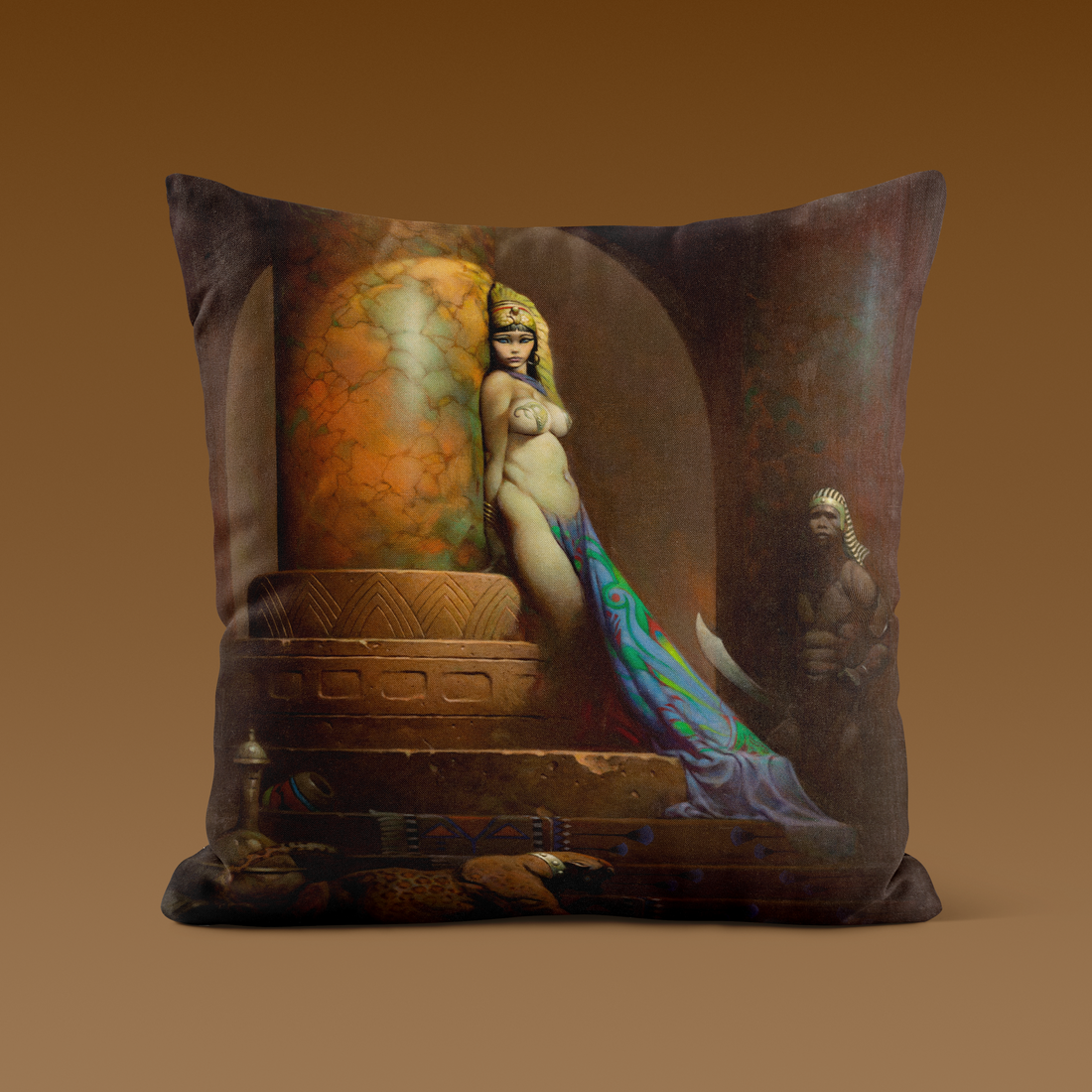 Egyptian Queen throw pillow showcasing Frazetta’s classic fantasy artwork, printed on soft, high-quality fabric