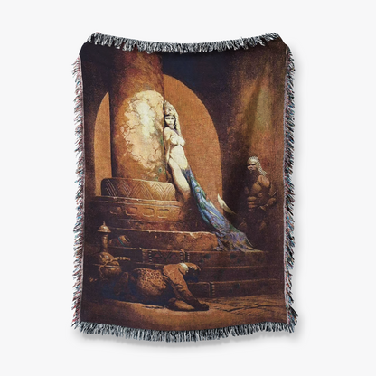 Frazetta’s Egyptian Queen Jacquard Woven Blanket – Fantasy Art Tapestry Featuring Frank Frazetta’s Iconic Painting