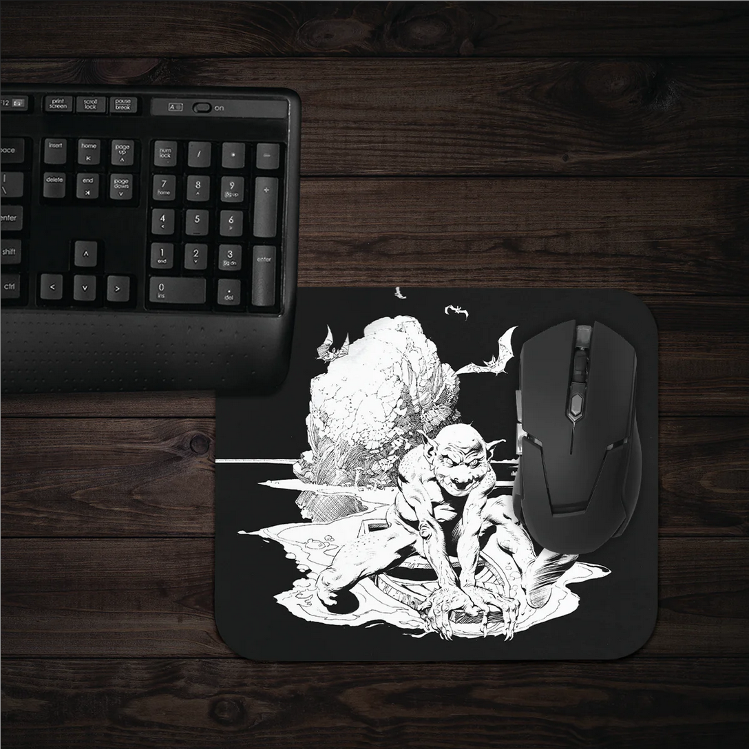 Goblin mousepad on a gaming desk, enhancing a fantasy-inspired workspace