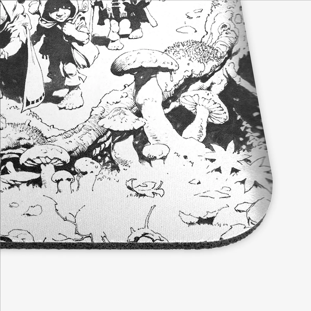 Close-up of the Halflings mousepad, showcasing its black-and-white fantasy artwork and soft texture