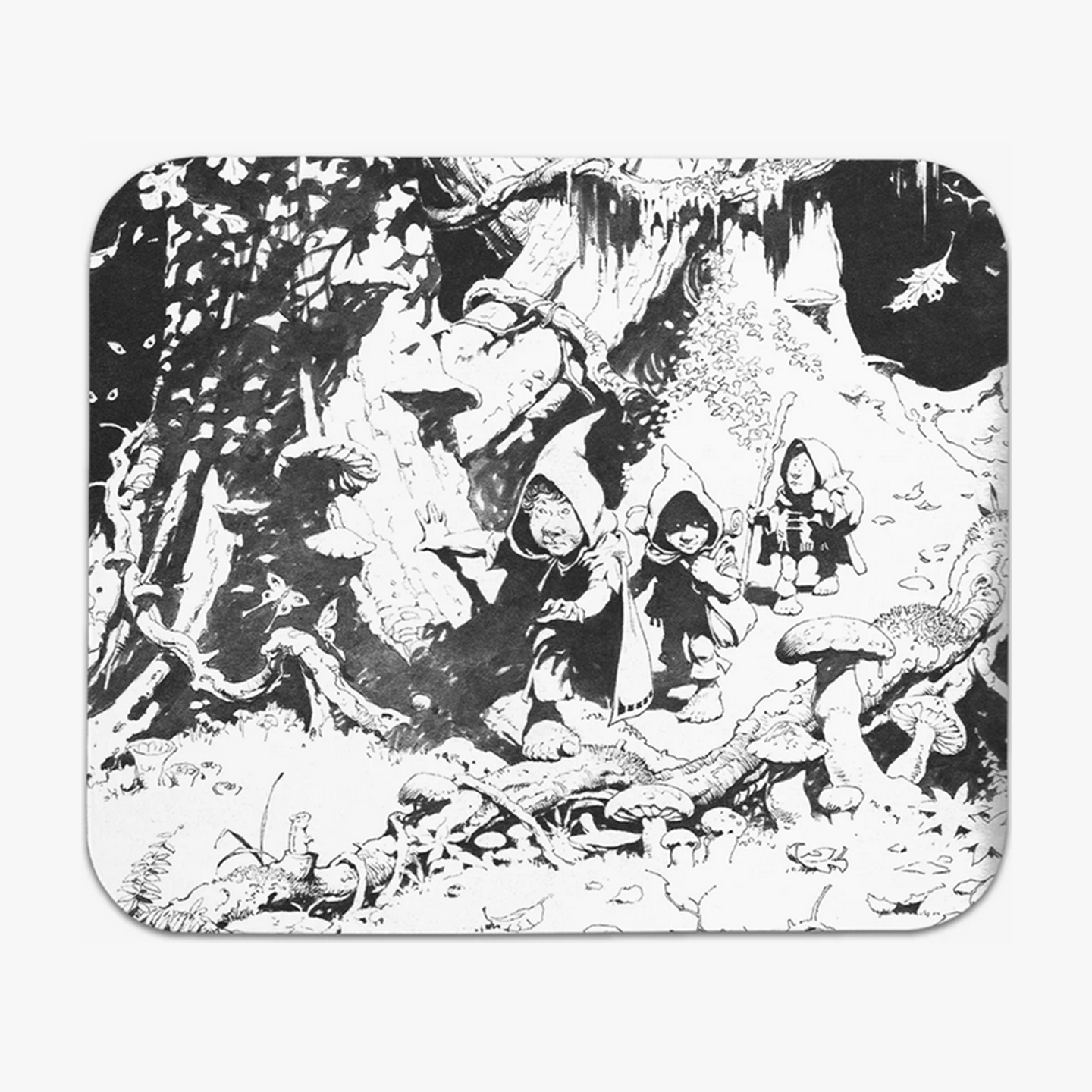 Halflings mousepad with Frazetta’s intricate black-and-white fantasy art design