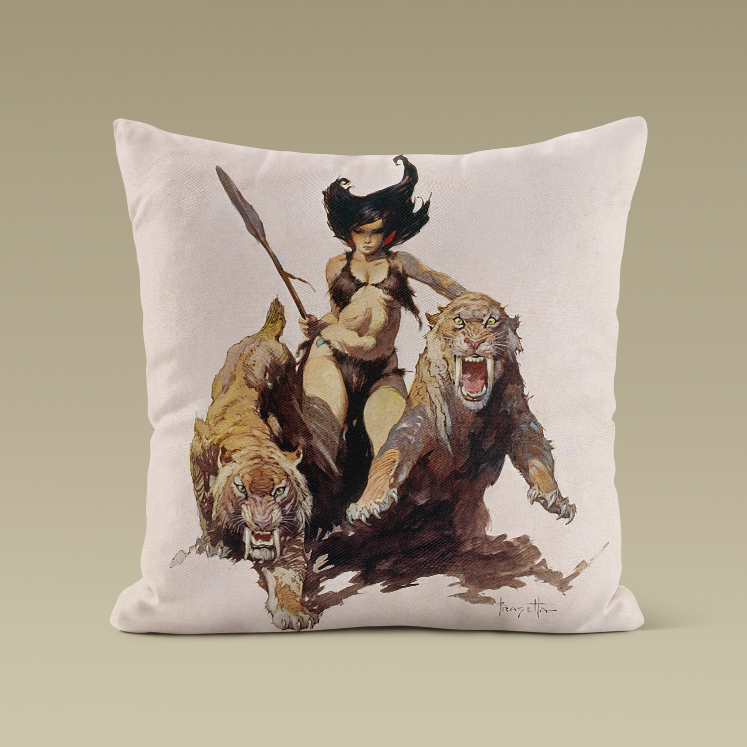 Huntress throw pillow featuring Frank Frazetta’s fierce warrior woman, printed in rich colors on a double-sided polyester cushion