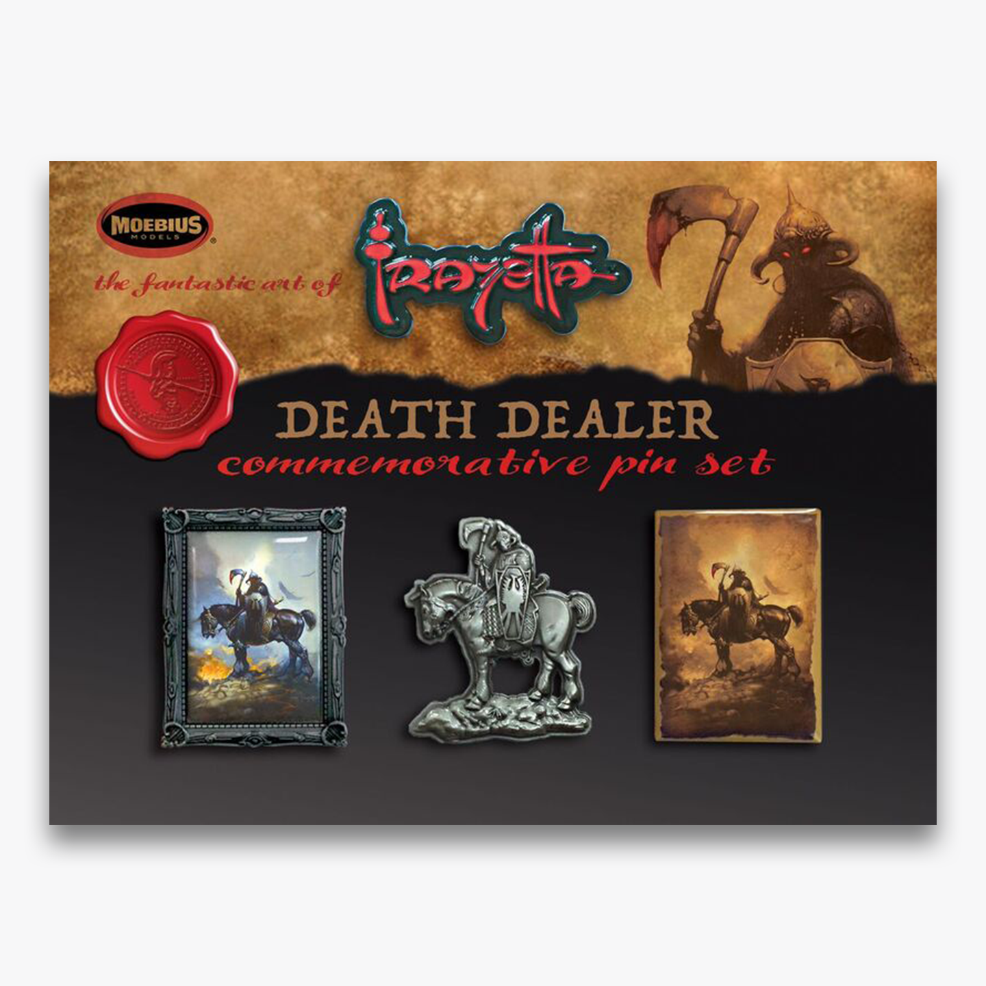 Moebius four-pin set featuring Frank Frazetta’s Death Dealer, including collectible enamel and metal pins with the Frazetta signature logo