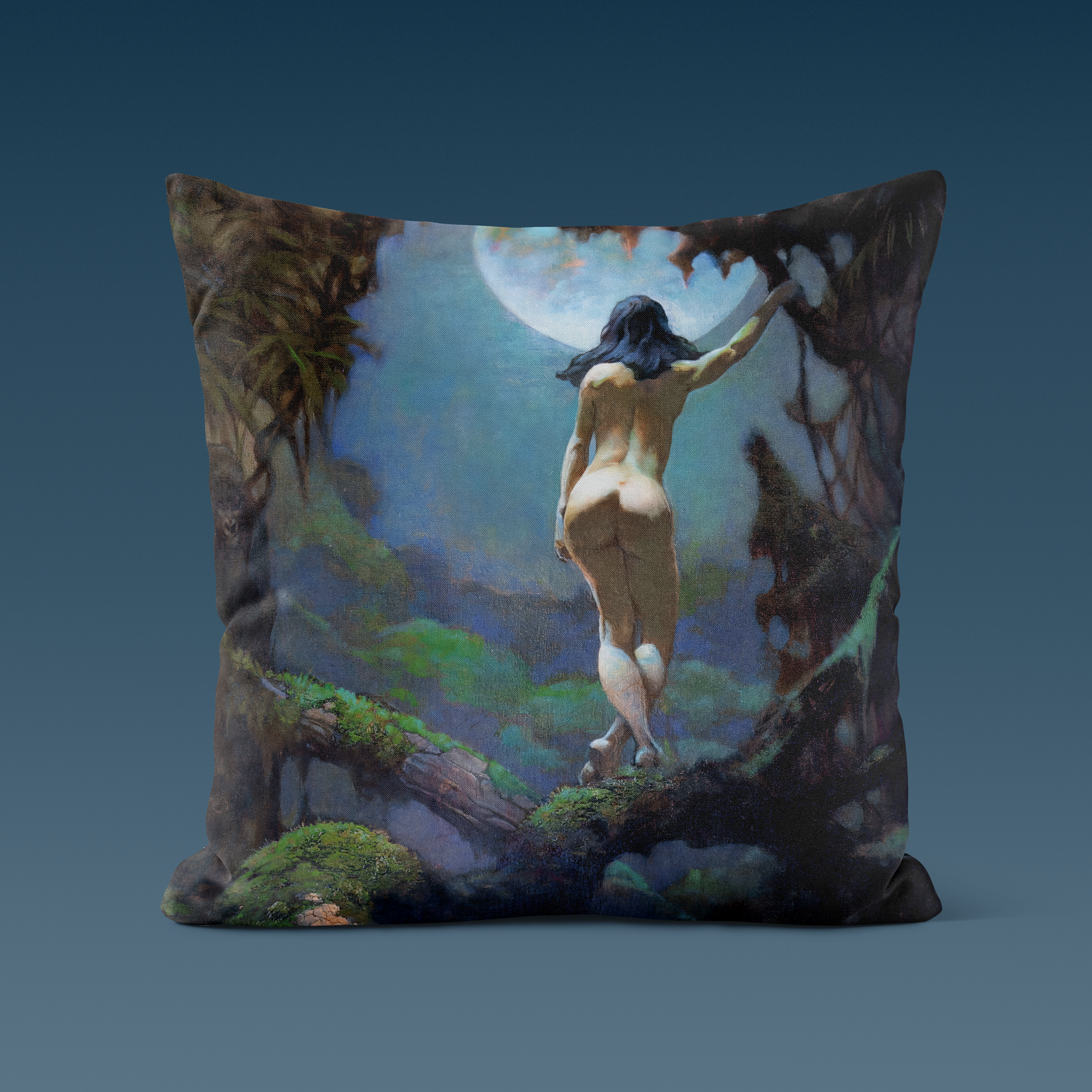 Moons Rapture throw pillow featuring Frank Frazetta’s fantasy artwork, printed on soft, high-quality polyester fabric