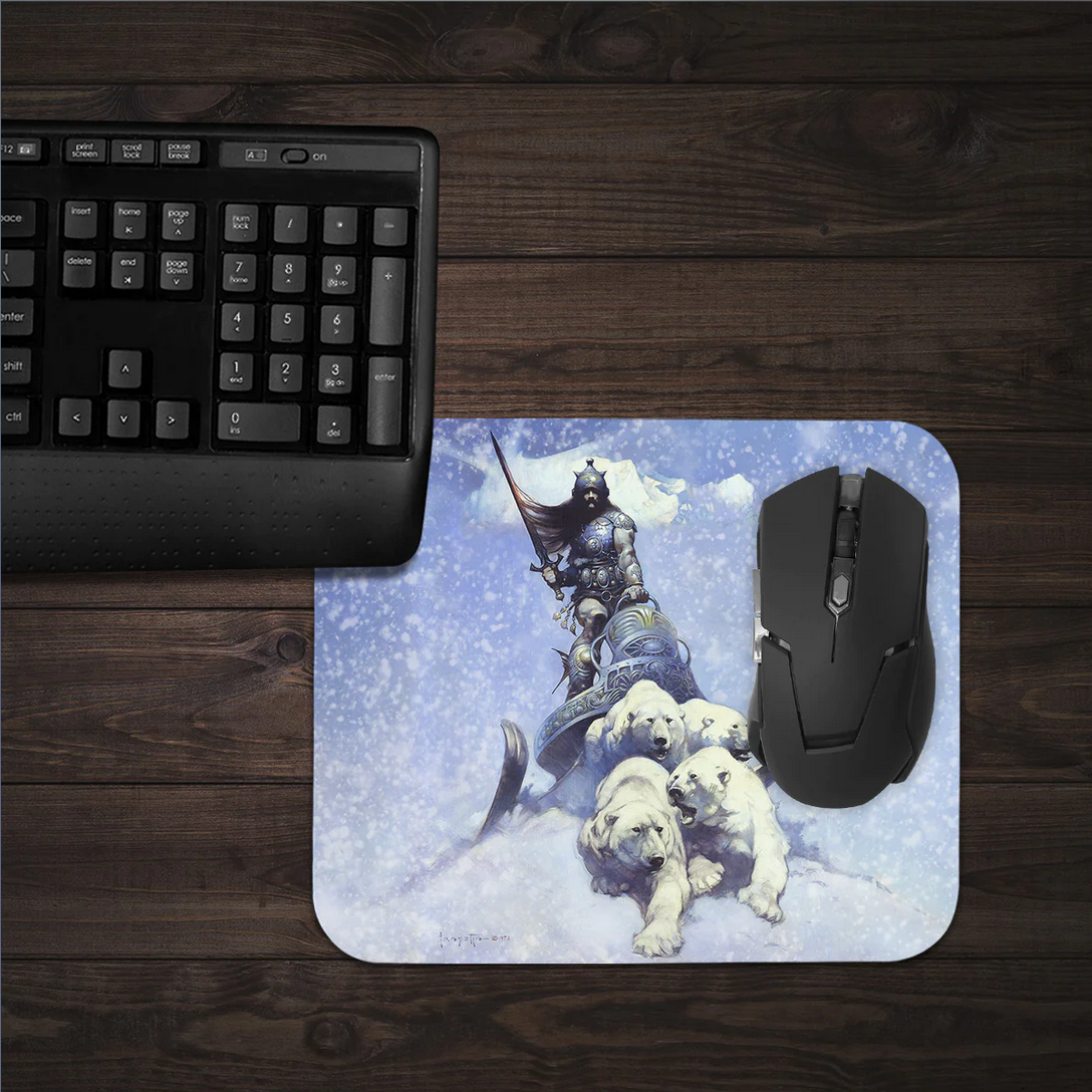 Silver Warrior mousepad placed on a gaming desk, featuring Frazetta’s iconic fantasy artwork