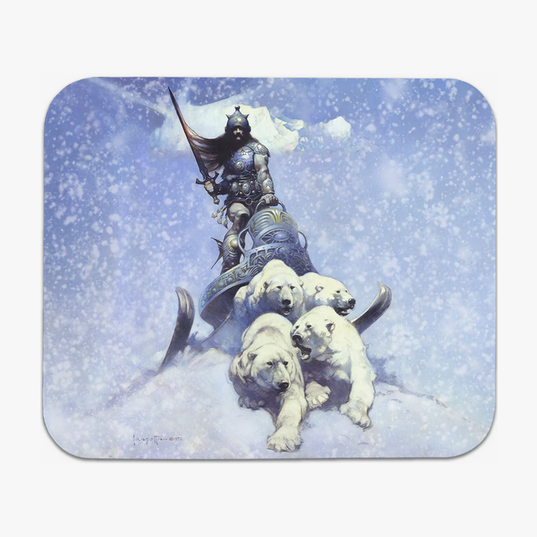 Silver Warrior mousepad featuring Frank Frazetta’s iconic fantasy scene with a powerful warrior and snow-covered landscape